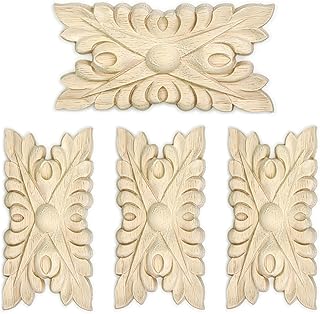 4 calcomanías decorativas de madera tallada con flores onlays, 2.4 x 4.7 pulgadas, sin pintar, de madera maciza sin pintar, para decoración de muebles, gabinetes y armarios (tipo 3-2.4 x 4.7