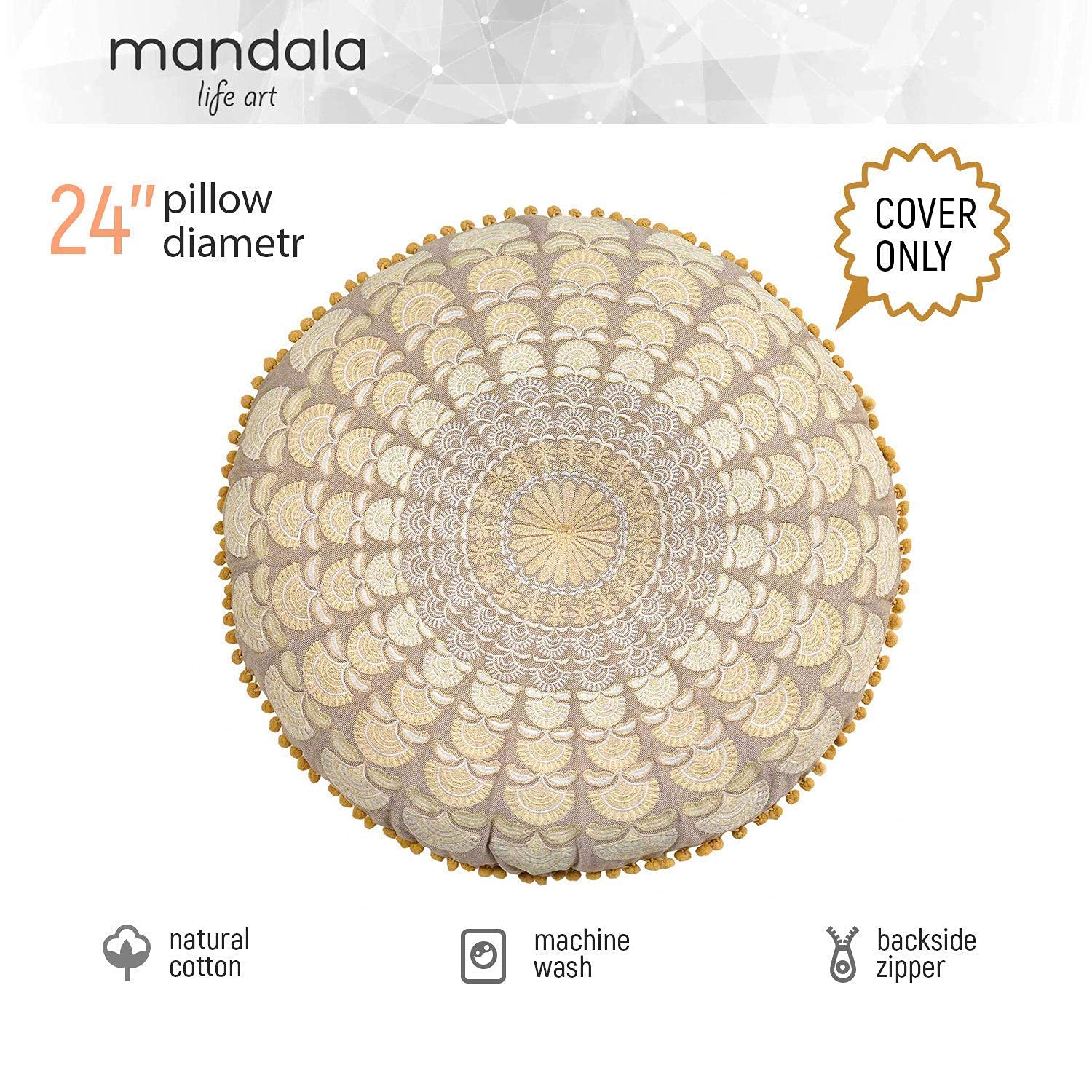 Mandala Life ART Fodera per cuscino da pavimento rotondo bohémien - 60x20 cm - 100% cotone - Custodia pouf per pouf per soggiorno, camera da letto, patio e altro (Beige, 60xm)