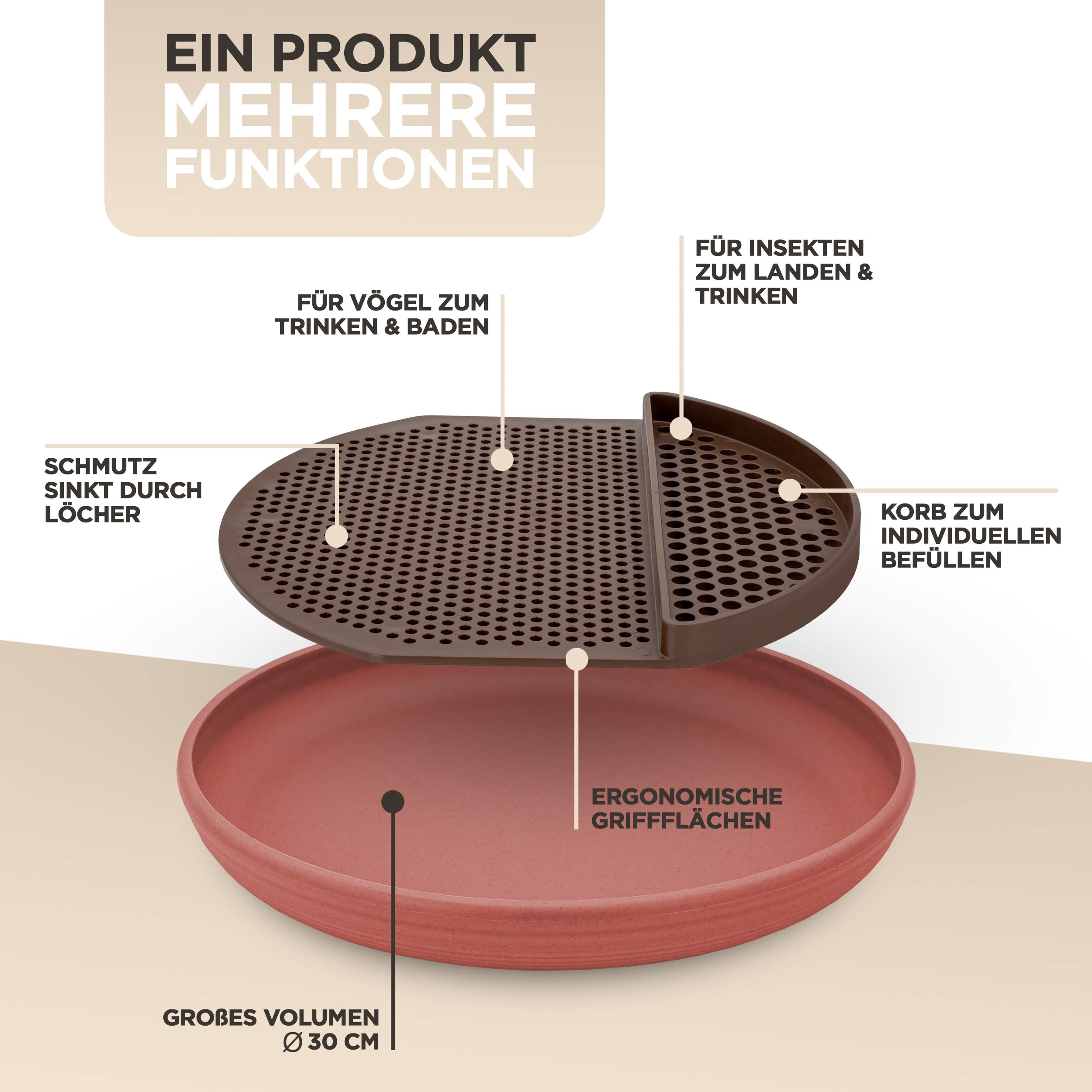 JoDaK Vogeltränke und Insektentränke (Terracotta) stehend groß | Kunststoff, Frostsicher, Winterfest, Garten-Dekoration, UV-beständig, bruchsicher, Insekten, Balkon Garten Deko Schale