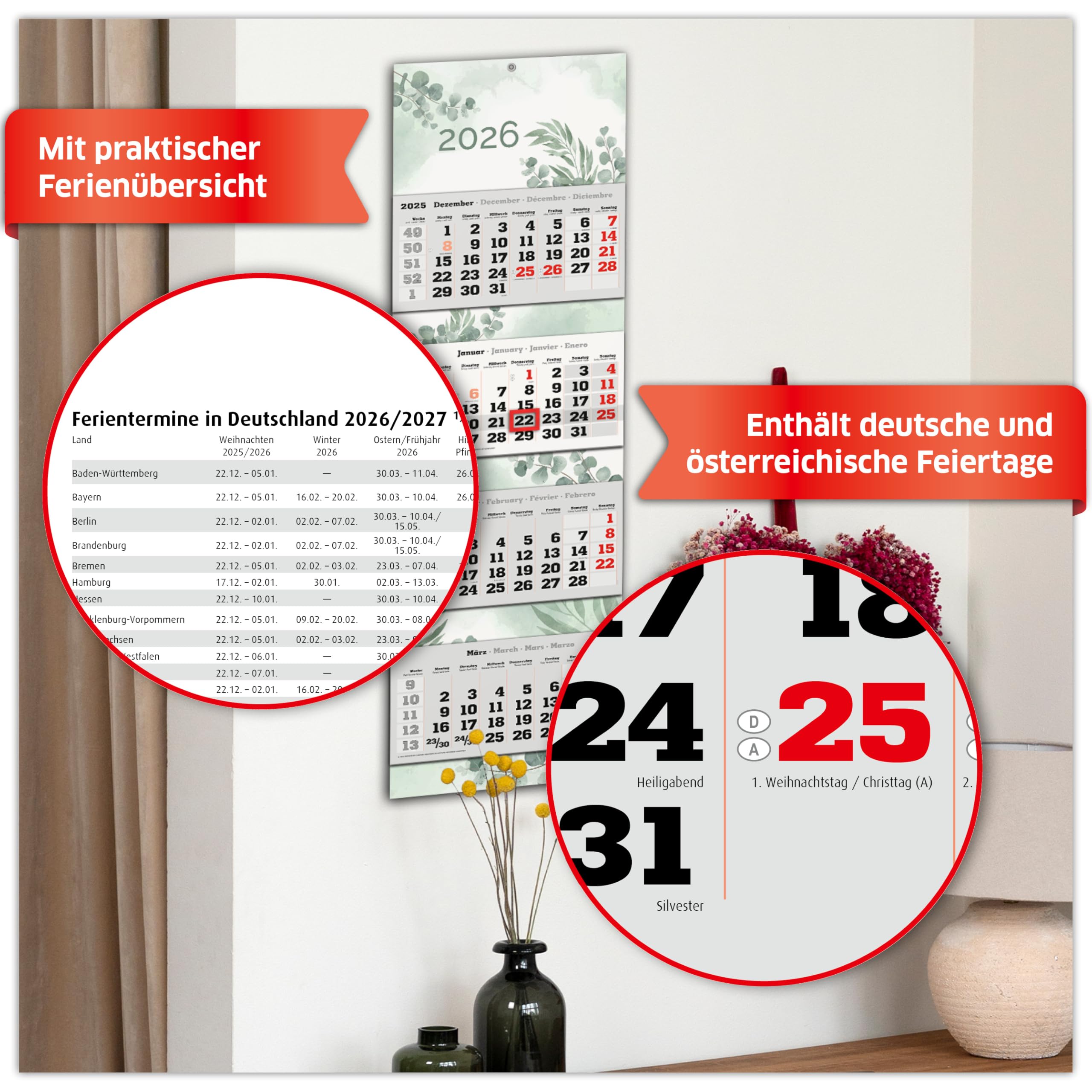 PRIMUS PRINT XXL Calendario 2026 – Multibloc Calendario de pared – Calendario de 4 meses – con fecha deslizante, calendario para colgar – Incluye días festivos y vacaciones – varios diseños – [1 x