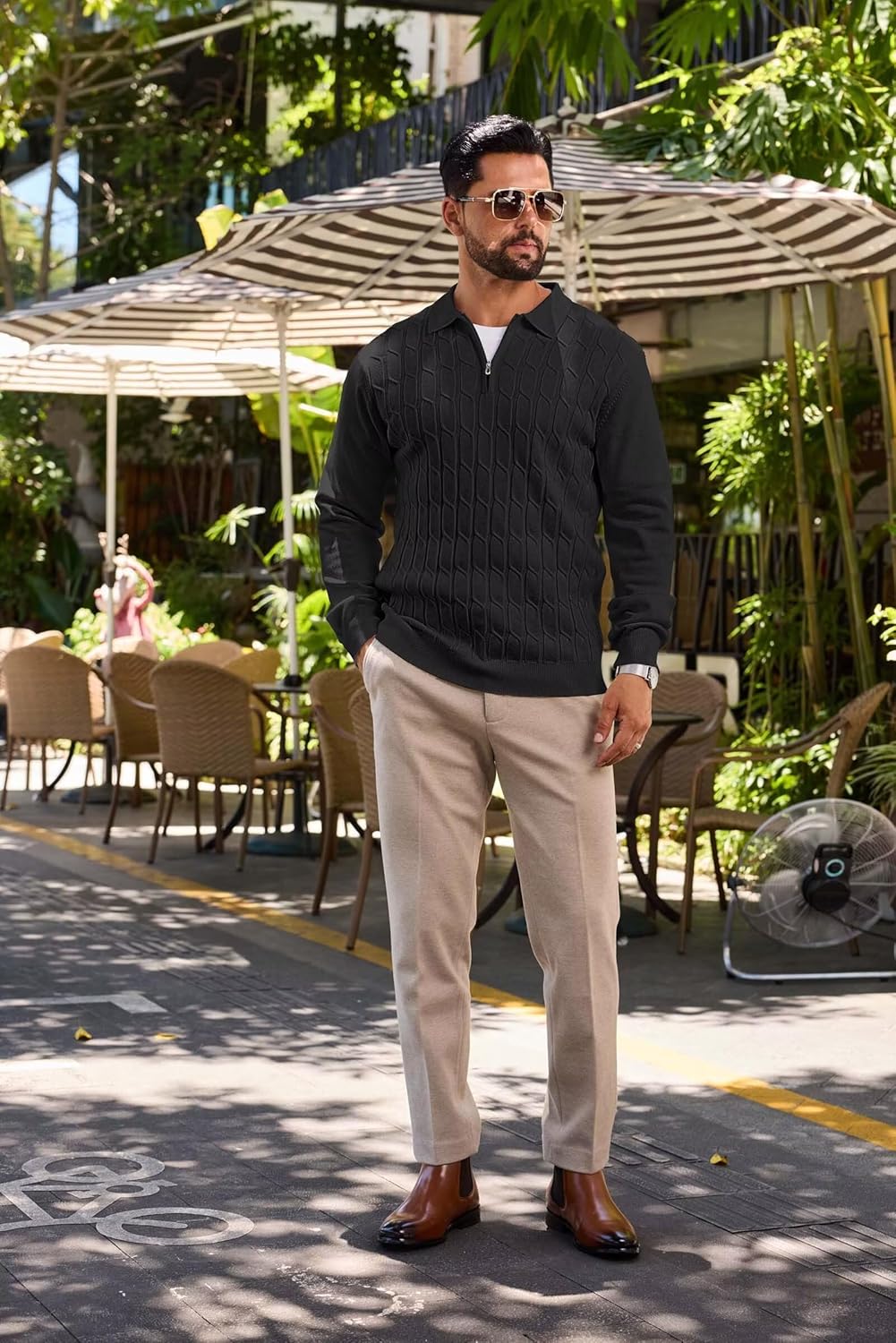 Mens Polo Sweaters Quarter Zip Long Sleeve Knit Polos Lightweight Casual Pullover Sweater - Image 2