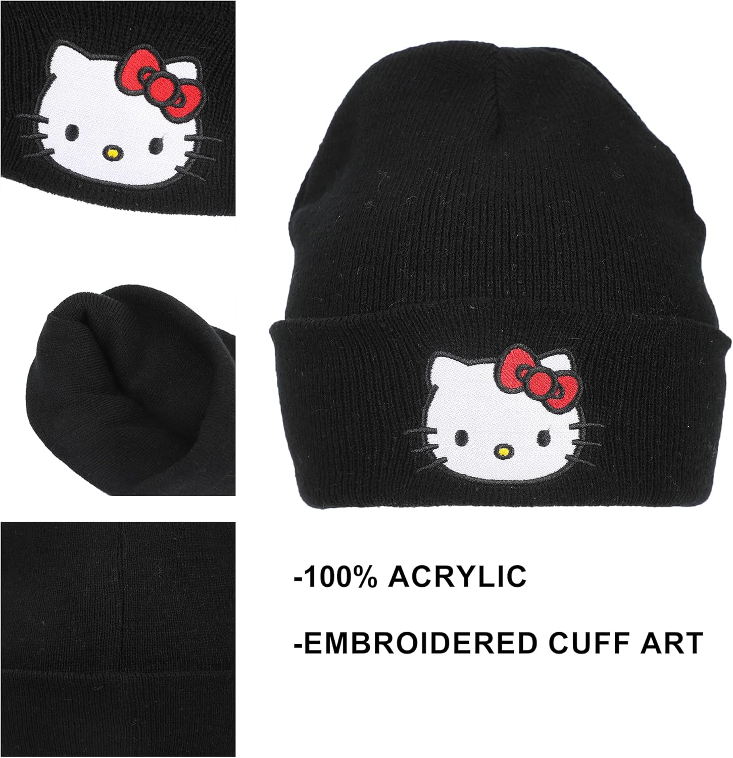Hello Kitty Embroidered Character On Black Cuff Beanie - Image 2