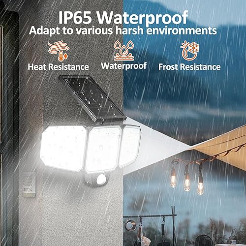 Miniatura 5 de Luces solares para exteriores, 243 LED 3500LM con sensor de movimiento, luces solares para exteriores, IP65, impermeables, 3 cabezales, luces de
