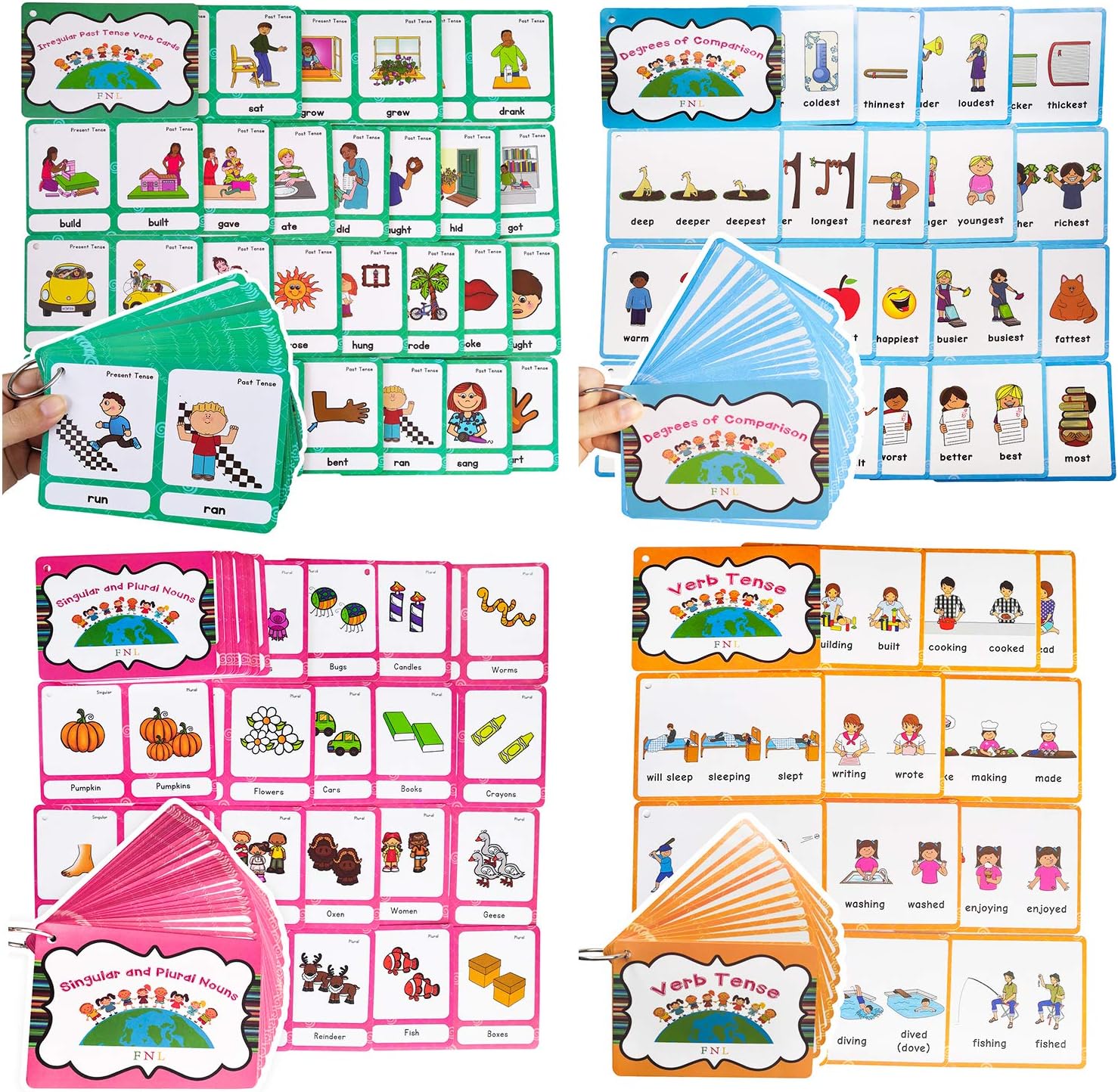 Zwttey Irregular Verbs/Plural Nouns/Degrees of Comparison/Verb Tense 4 Themes English Flashcards Vocabulary Building Pocket Cards Grammar Educational Learning Aids Pre-Kindergarten Classroom Supplies