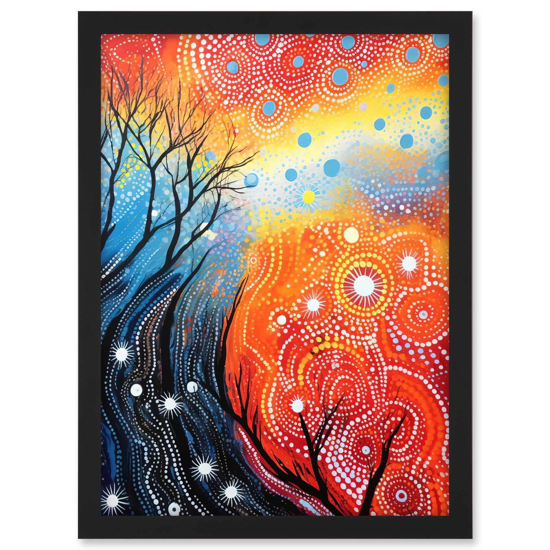 Artery8 Contemporary Aboriginal Artwork in Blue and Orange Vibrant Abstract Forest Trees and Stars Artwork Framed A3 Wall Art Print