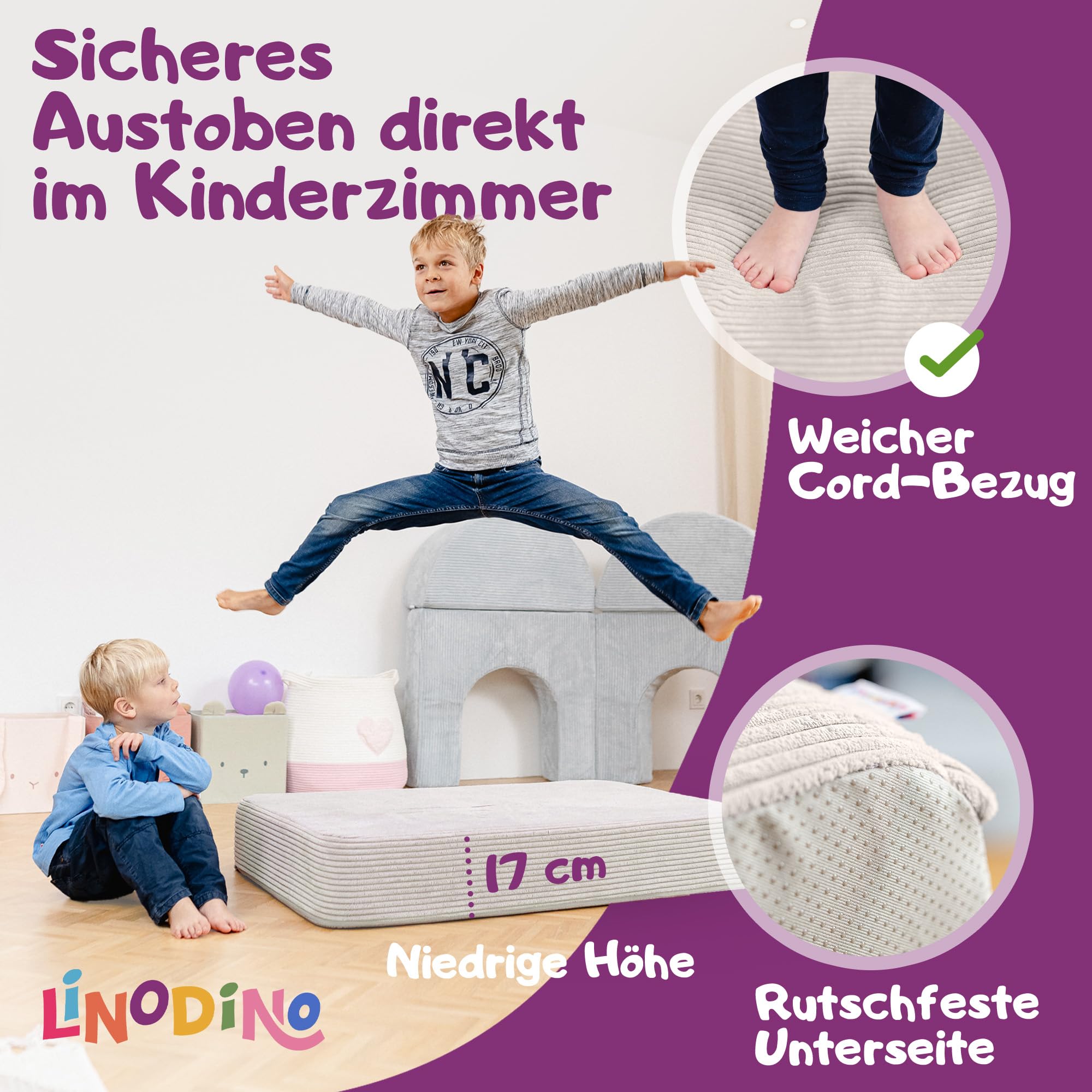 Linodino Hüpfpolster für Kinder 107x70x17cm – Hüpfmatratze Cord-Bezug mit Federkern – Oeko-Tex Standard 100 Zertifiziert & waschbar