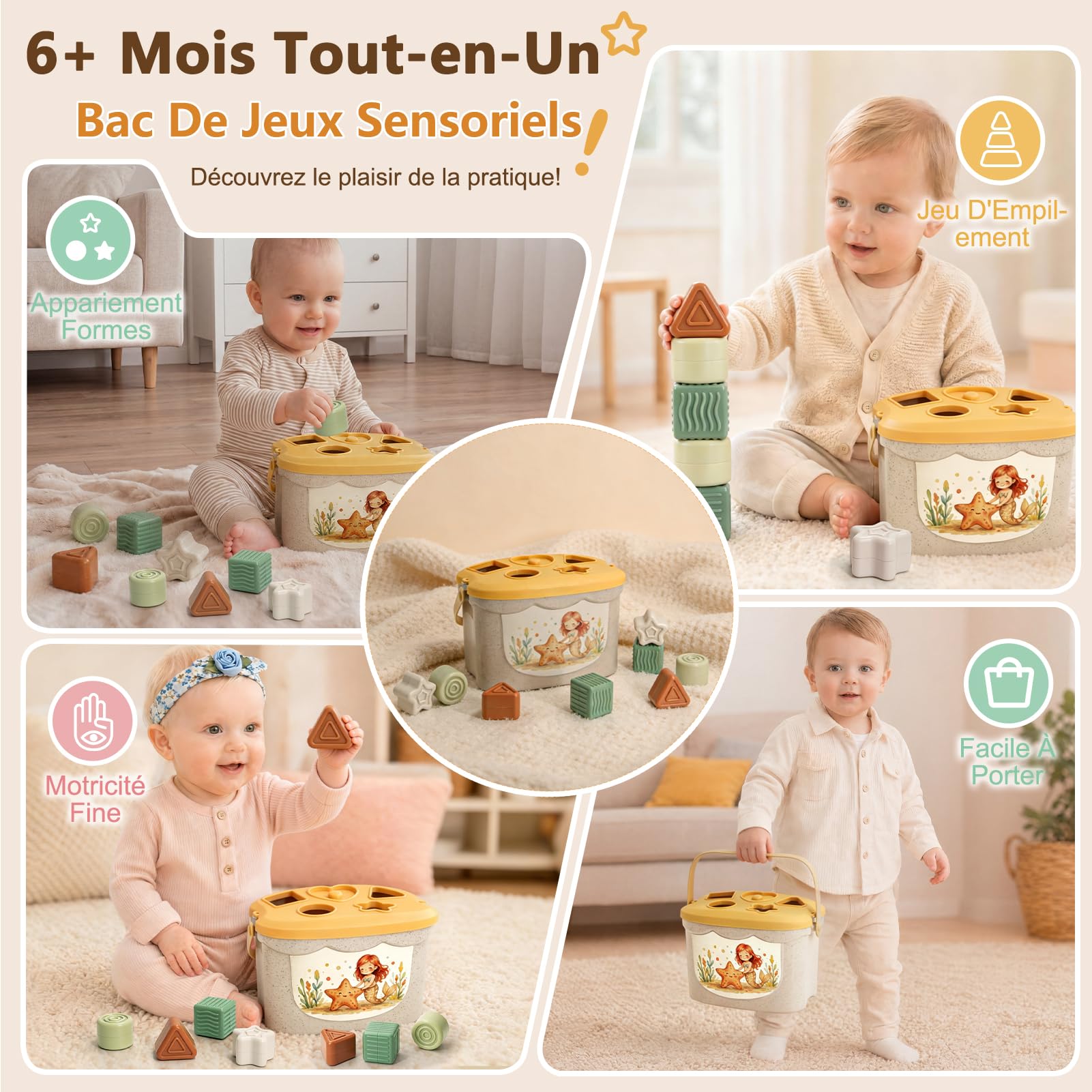 Jouet Bebe 6 Mois, 5 en 1 Jeux Éveil Bébé 6-12 Mois, montessori 6 8 9 mois | Cube Empilables & Tri des Formes, Boîte à Mouchoirs, Jeux Sensoriels 6-24 Mois, Cadeau Anniversaire & Noël Bébé Fille