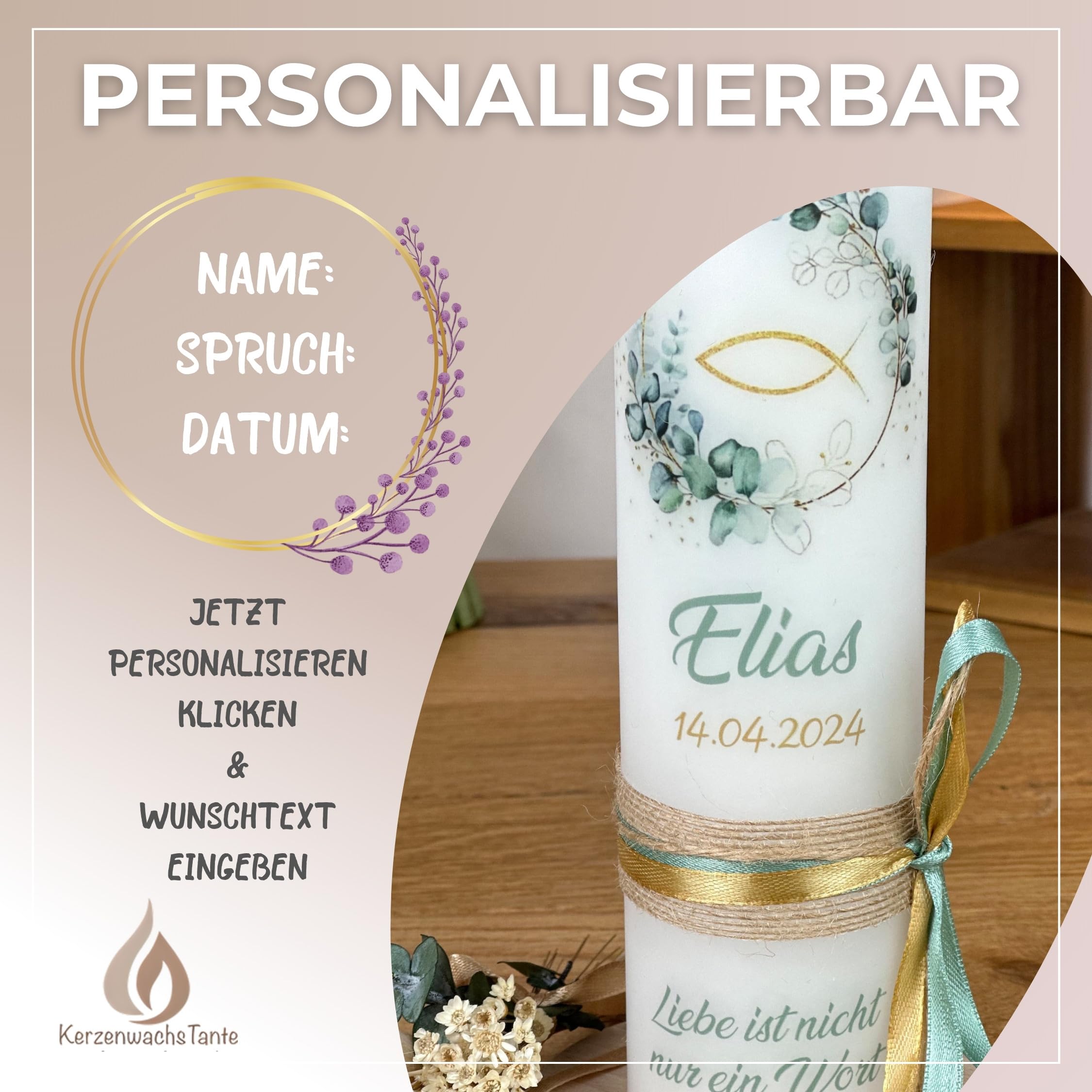 Taufkerze Kommunionkerze Eukalyptus Fisch Elias 25x6cm – Wunschname Personalisierbar – Geschenk zur Taufe für Jungen & Mädchen – Handarbeit mit Schleife – gold-salbei