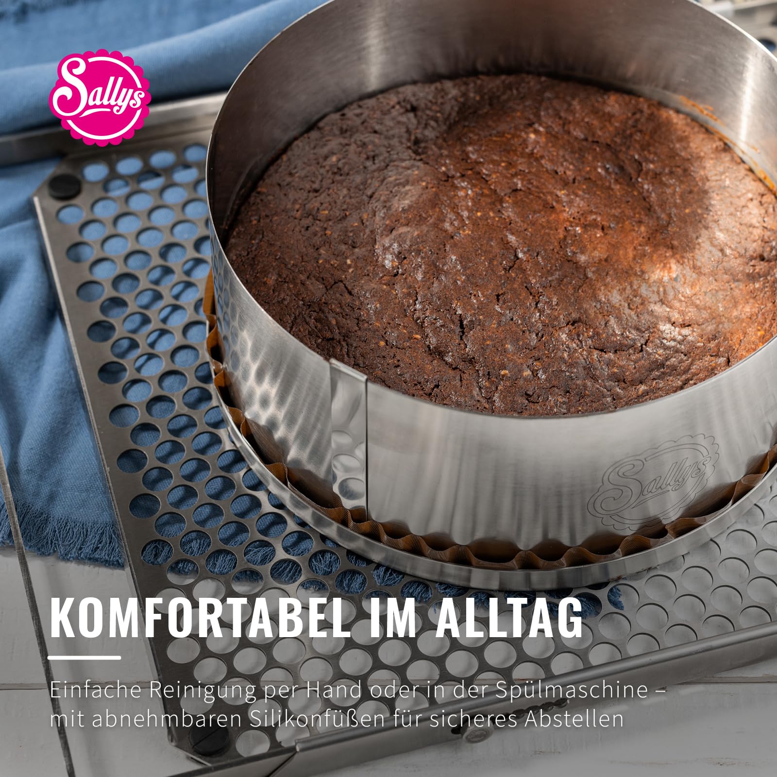 Sallys Premium Backblech V3 - Ausziehbares Edelstahl Backblech 39–46 cm - Perforiertes Lochblech für gleichmäßiges Backen - Beidseitig nutzbar - bis 230°C