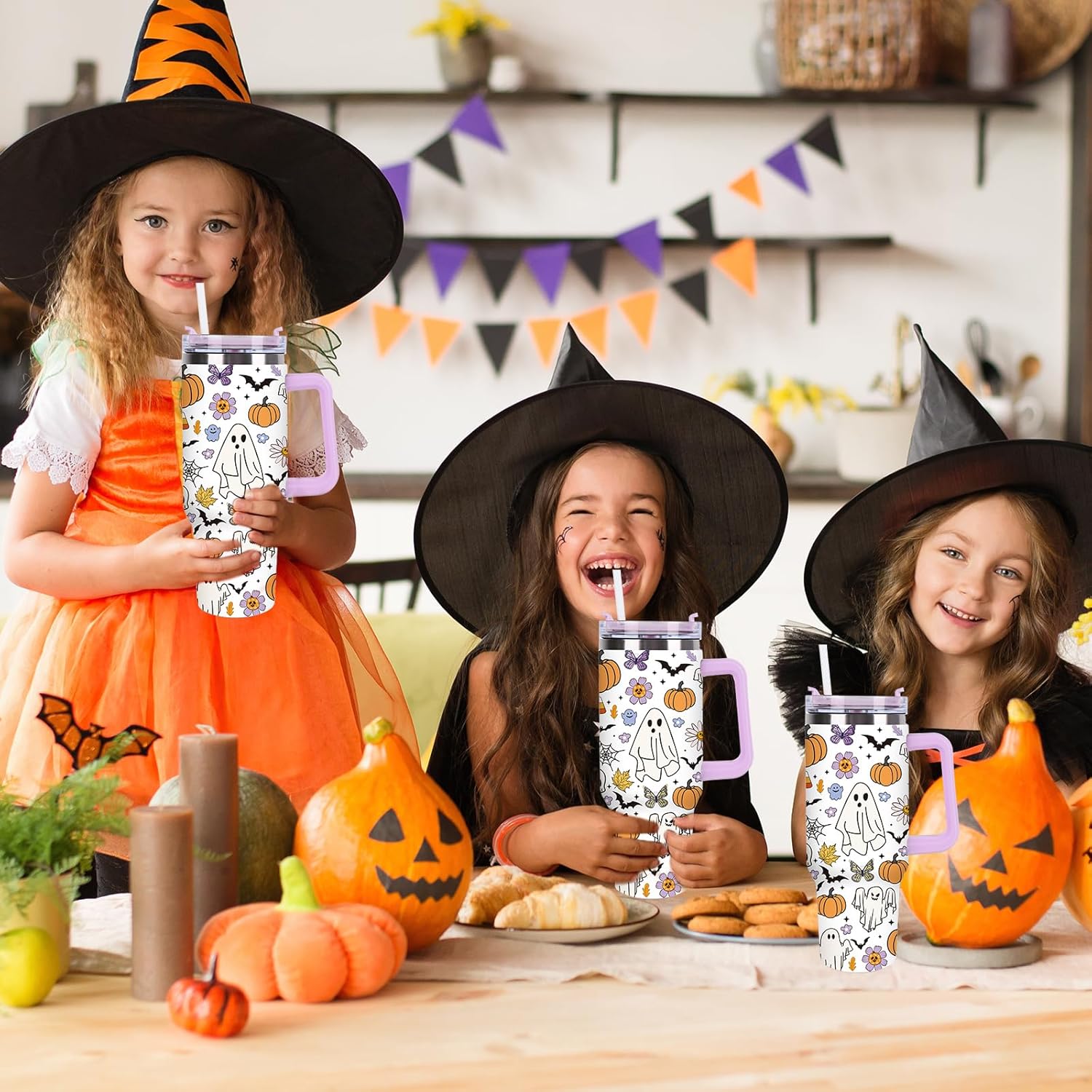JarThenaAMCS Halloween Tumbler with Handle 40oz Ghost Pumpkin Flower Bat Tumbler with Lid Straw Purple Orange Stainless Steel Cup for Home Office Travel - Image 5