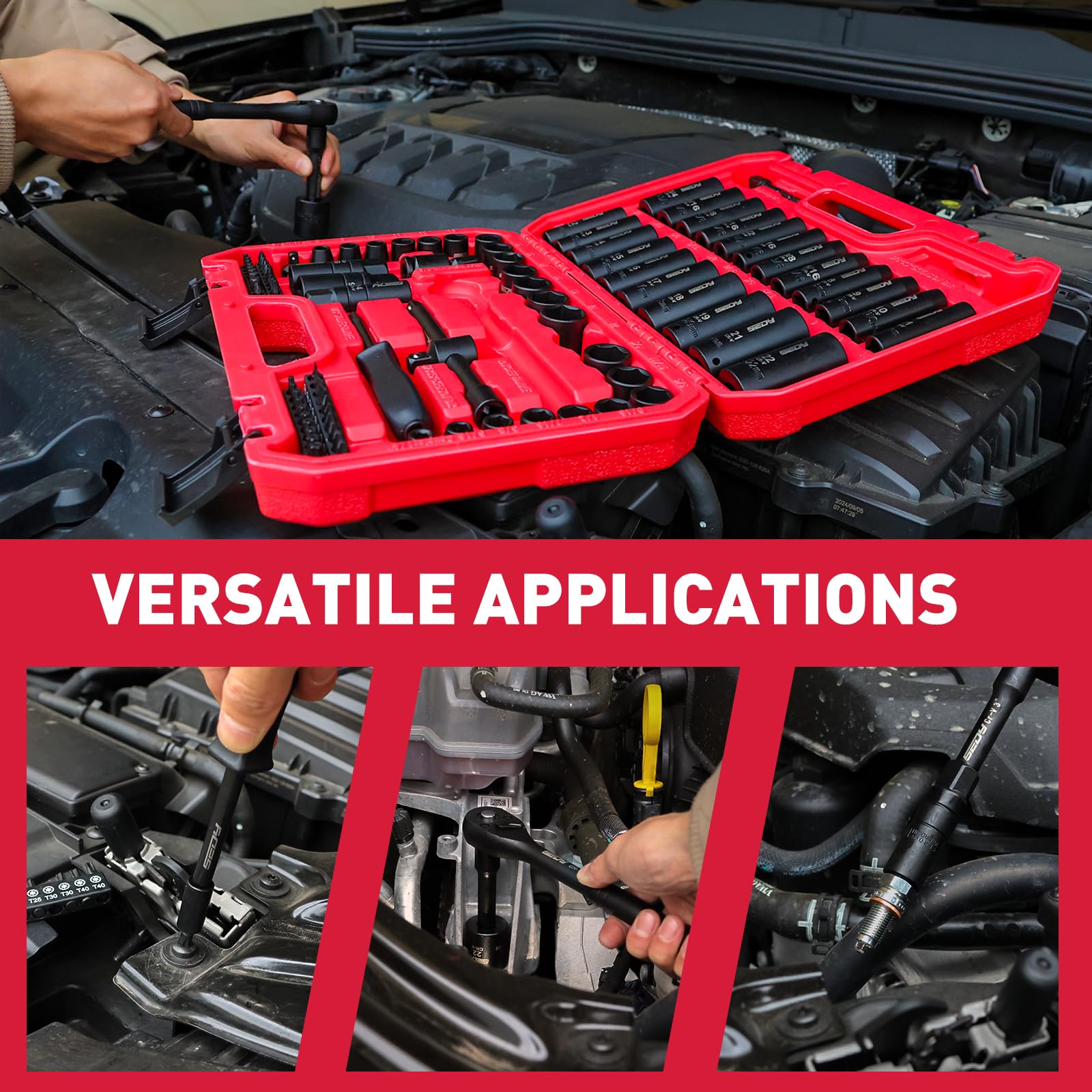 96-Piece 3/8" Drive Impact Socket Wrench and Bit Set, SAE 5/16”-3/4” & Metric 8-22mm, Cr-V Standard & Deep Sockets, Power Bits, Ratchet Handle, Universal Joint, Bit Holder, Adapters, Spark Plug Socket