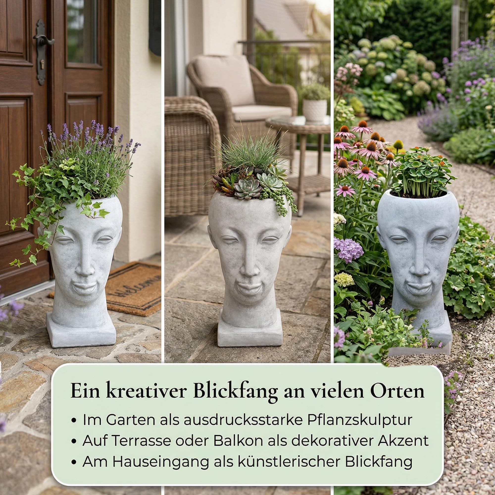 gartendekoparadies.de Blumentopf in Kopfform mit Gesicht, Pflanzgefäß aus Steinguss (Weißbeton), H 41 cm, Grau, frostbeständig bis -30°C, 2 l Volumen, 20 kg, Gartendeko für draußen
