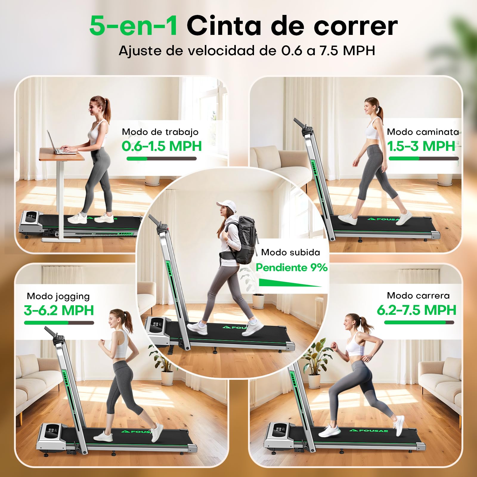 5 en 1 Cinta de Correr Plegable, 12KM/H Cinta de Correr con Inclinación 9%, 2.75 HP Cinta de Andar para Casa con Control Remoto y Pantalla LED, Apps y 12 Programas HIIT, Soporte 150 KG