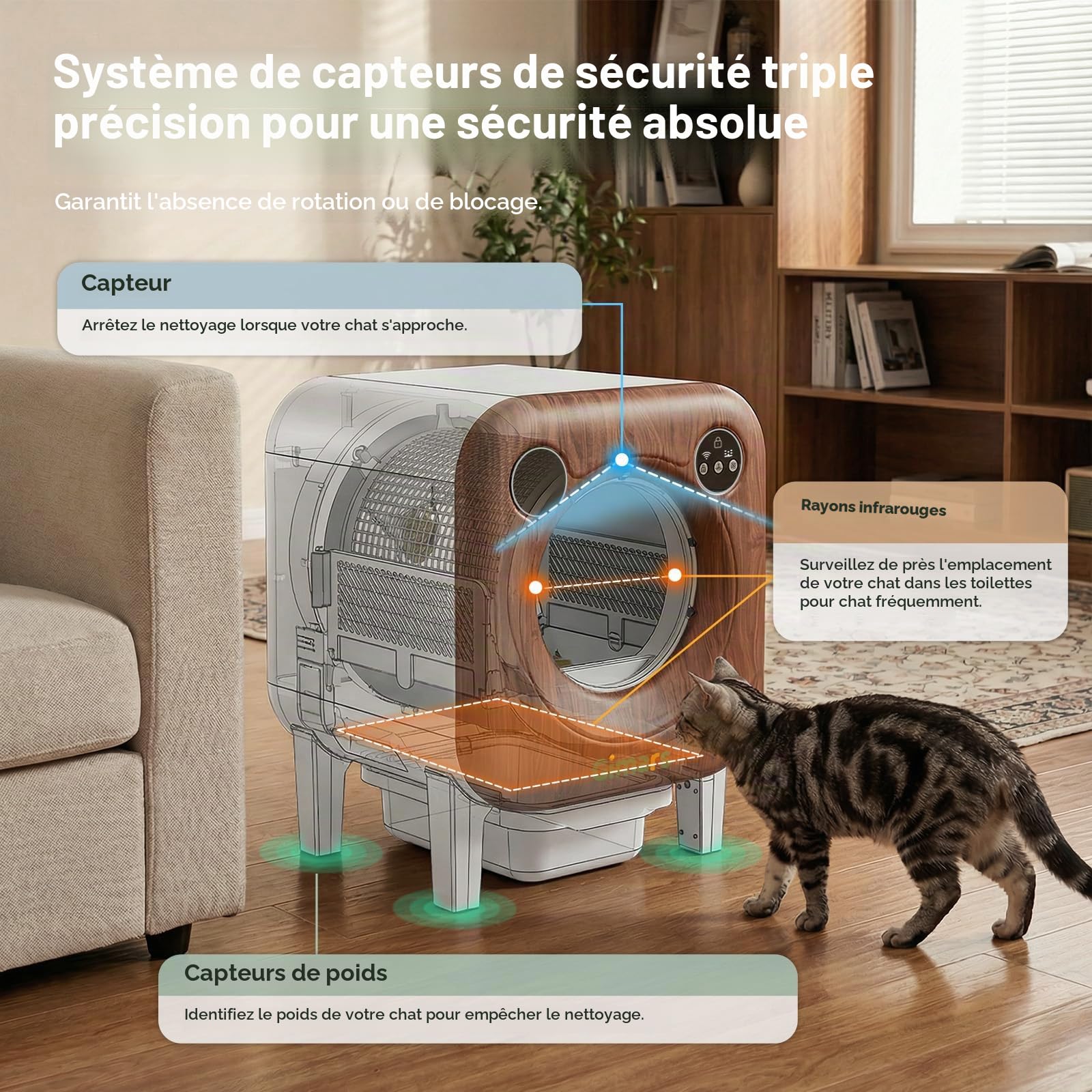 Gimars Litière pour Chat XXL 90 L Anti-pincement avec contrôle par Application, bac à litière Automatique pour Chat avec Tapis, Sacs poubelles et marchepied, Triple capteurs et contrôle des odeurs