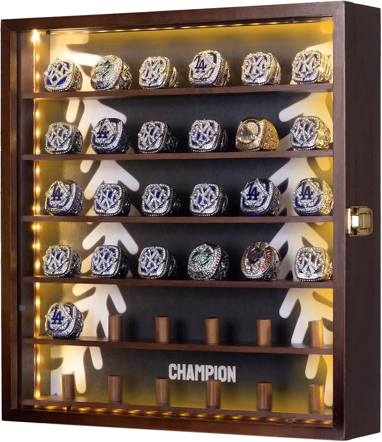 Championship Ring Display Case,Baseball Ring Display Case,36 Slots Baseball Ring Holder Case Wall Mount,Wooden Ring Organizer Box with LED Light for Collection Sports Champion Rings