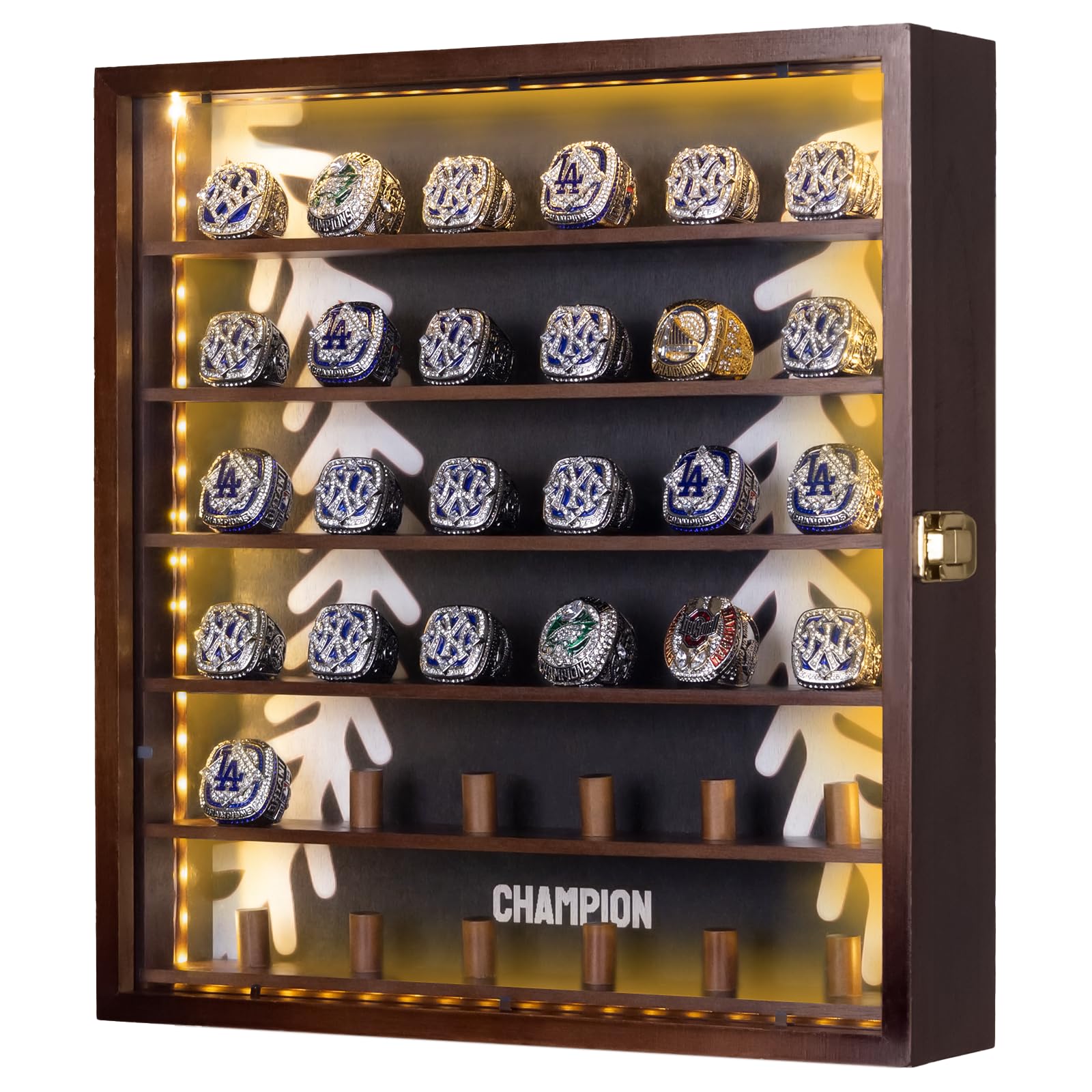 Championship Ring Display Case,Baseball Ring Display Case,36 Slots Baseball Ring Holder Case Wall Mount,Wooden Ring Organizer Box with LED Light for Collection Sports Champion Rings