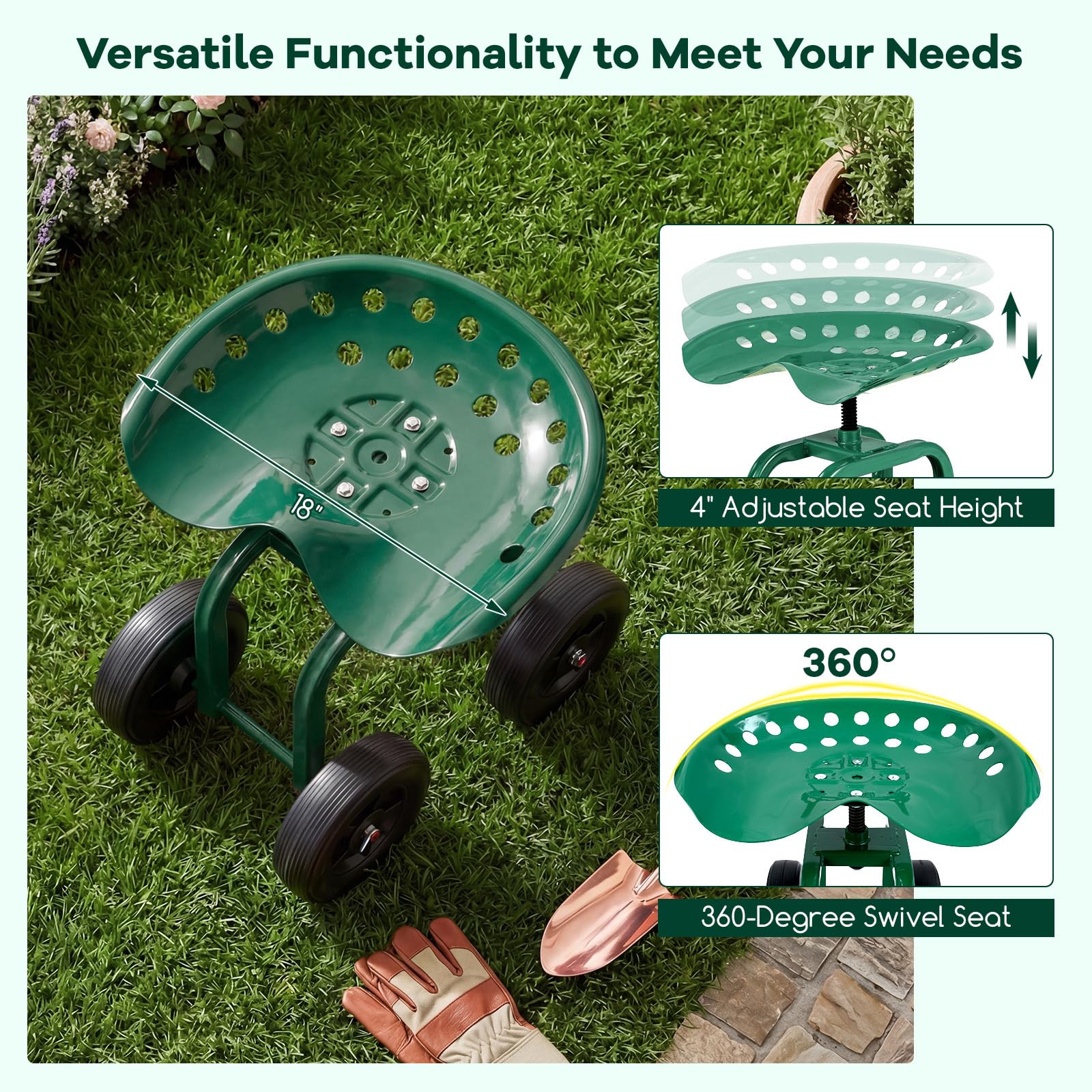 SOARS Siège Roulant de Jardin Pivotant à 360° et Réglable en Hauteur de 40 à 50 CM, Tabouret de Jardinage avec Large Assise, Charge Maximale 150 KG, pour Jardinage et Entretien (Vert)