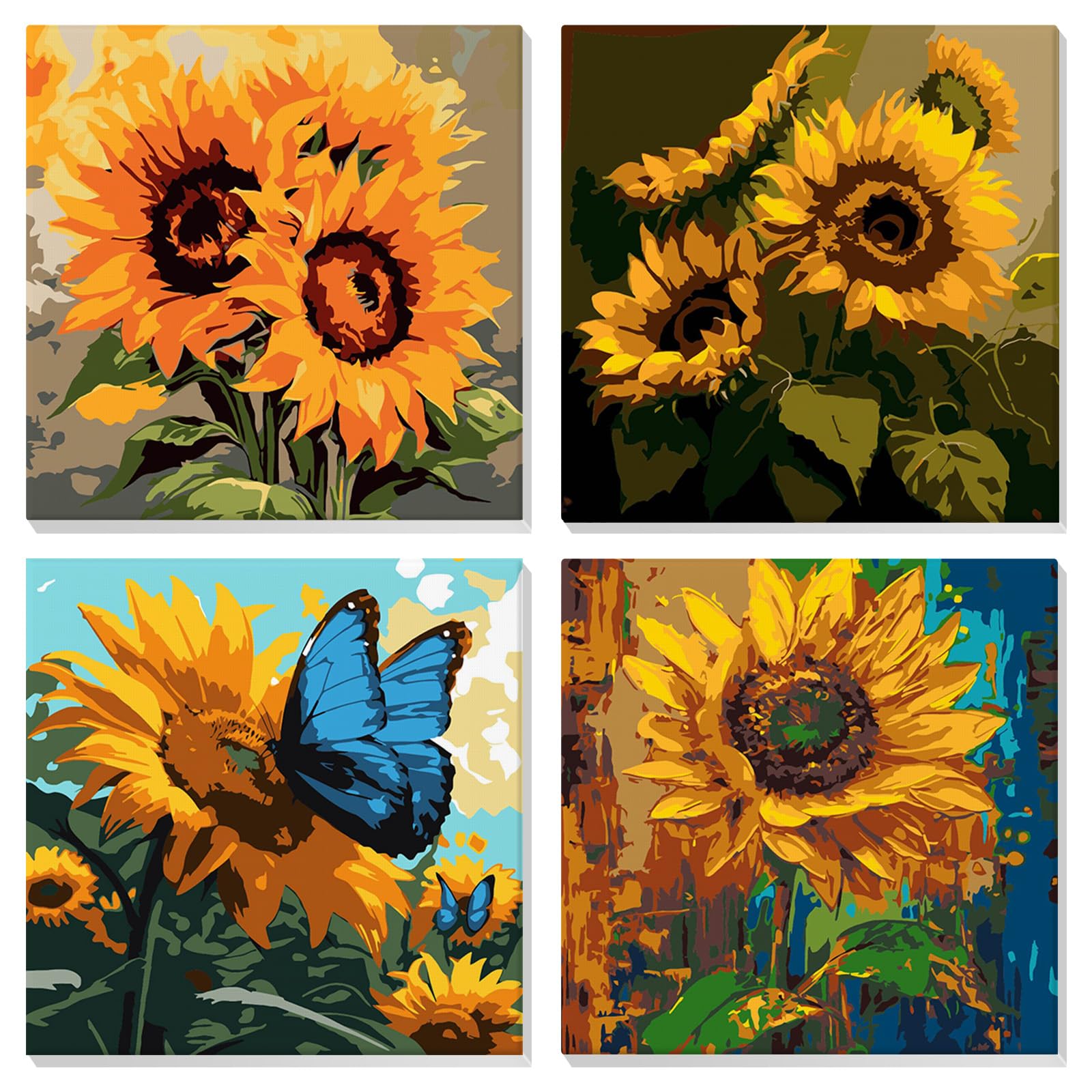 EOBROMD 4 Pack Sunflower Paint by Numbers for Adults Beginner with Frame, Flowers Paint by Numbers Kits, Acrylic Easy Painting by Numbers for Gift Home Wall Decor 8x8in