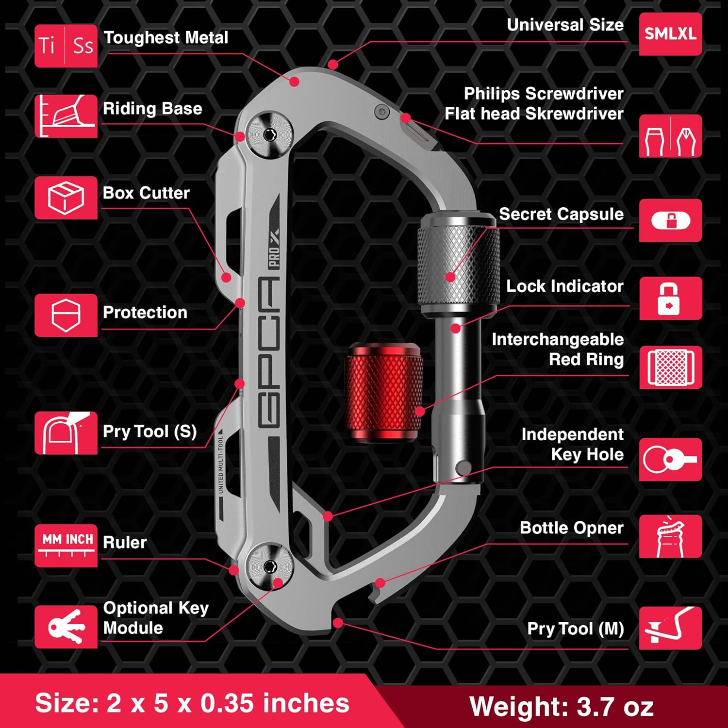 GPCA Carabiner Multitool - Carabiner Heavy Duty Key Clip for Keys, Bottle Opener, Screwdriver, Box Cutter, Ruler, Keychain Clip, Keychain Organizer, EDC Gear for Camping & Hiking - Gifts for Men