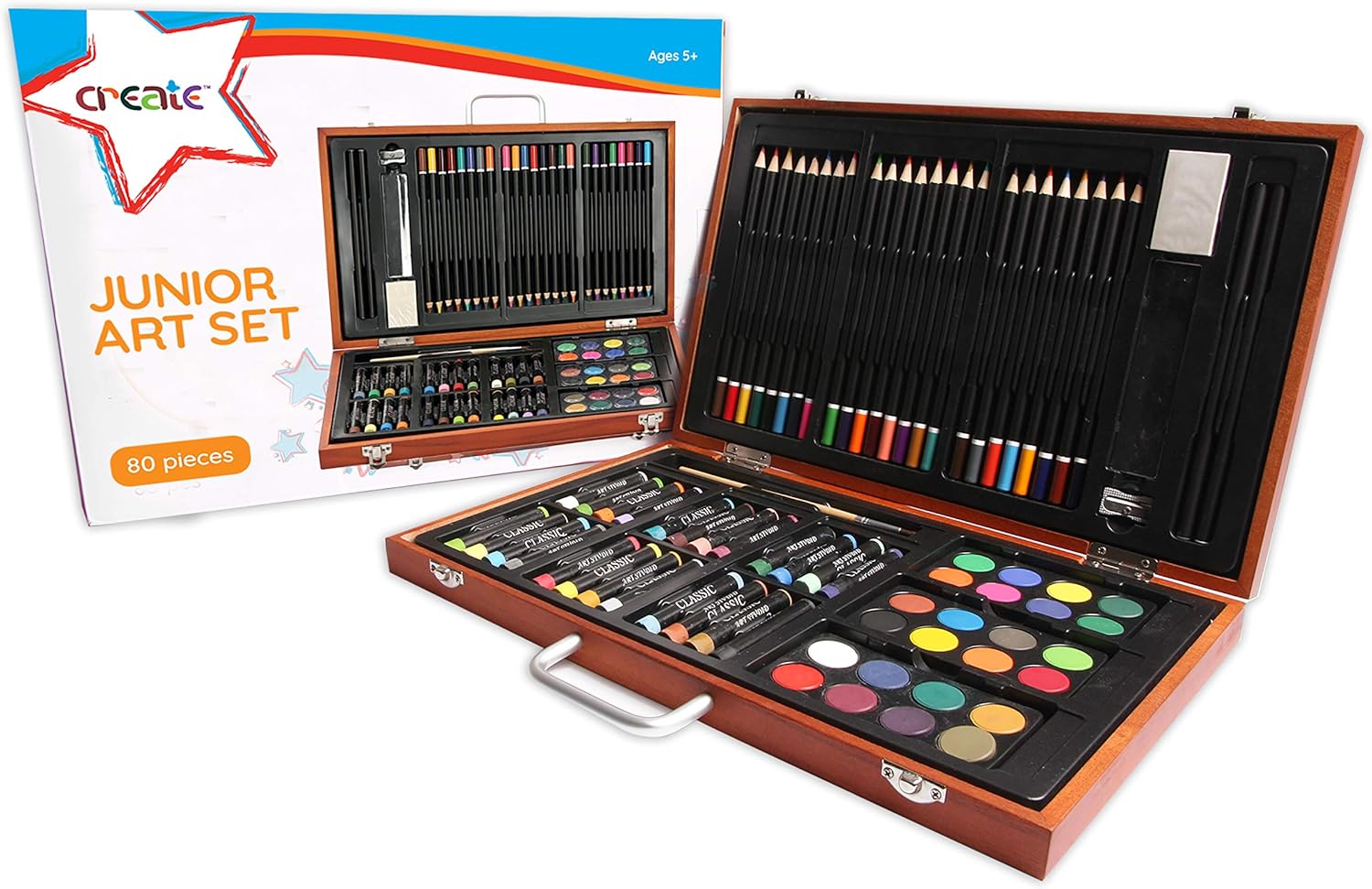 Create Wooden Art Set (80 Piece) Deluxe Junior Art Creativity Set Box