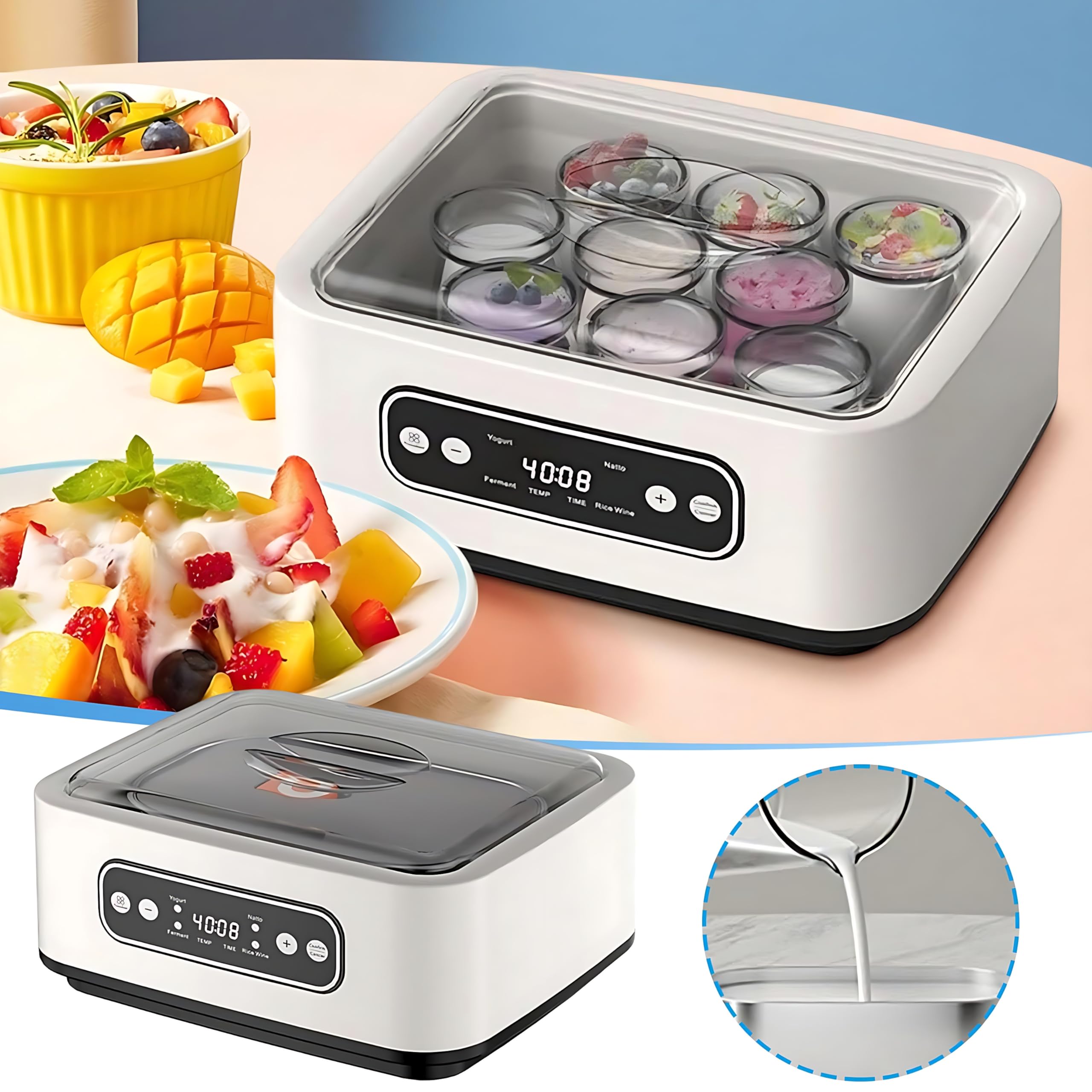Macchina automatica del produttore di yogurt, produttore di yogurt elettrico con 9 tazze di vetro, produttore di yogurt probiotico finale con controllo della temperatura 36 ore, timer di 12 ore