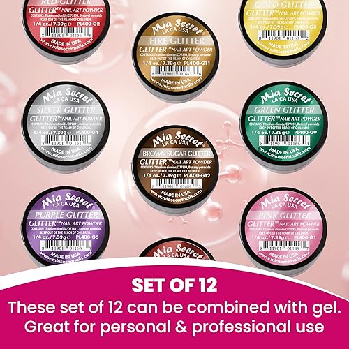 Miniatura 7 de Mia Secret Colección de polvos acrílicos GLITTER (12 piezas) Colección de polvos para arte de uñas con 12 colores únicos, fabricado en Estados Unidos