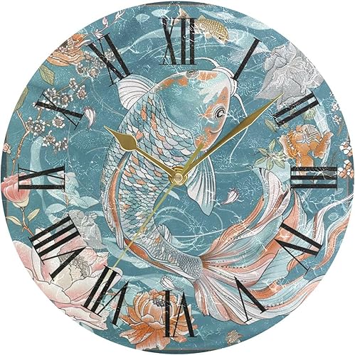 boho Goldfish Retro Florals 10 Inch Round home clocks wall no ticking noise Simple for Farmhouse Bathroom reloj de pared para cuarto