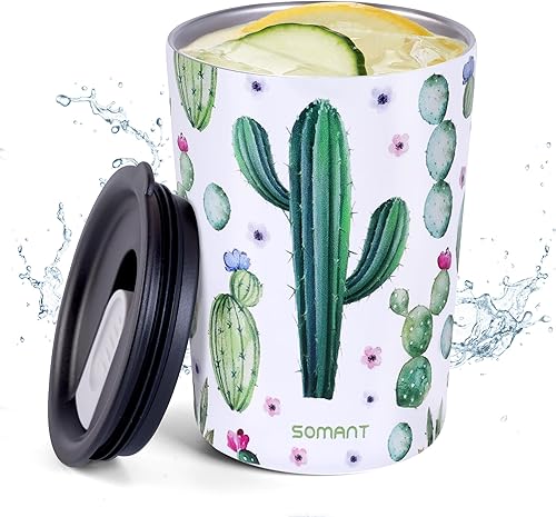 SOMANT Vaso térmico reutilizable de 12 onzas con aislamiento térmico para bebidas frías y calientes con tapa deslizante, acero inoxidable, doble