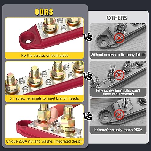 Miniatura 3 de MOFEEZ Barra de bus de bloque de distribución de energía, 4 postes de 516 pulgadas, 6 terminales de tornillos #8, máximo 48 V 250 A (par, rojo y