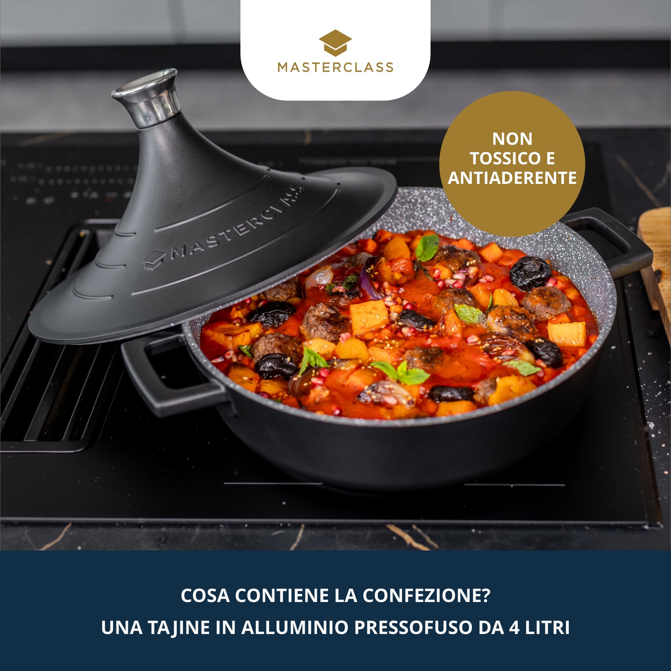 MasterClass - Tajine in alluminio pressofuso con coperchio a cono auto-irrorante, antiaderente, da 4 l, rotonda, per piano cottura anche a induzione e forno, adatta a lavastoviglie, 28 cm, nero