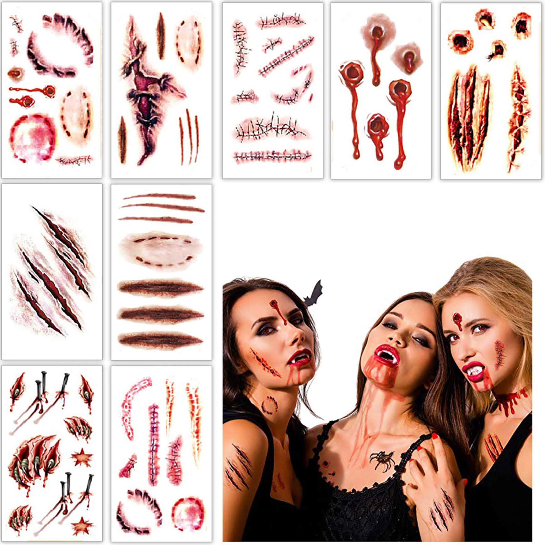 Amazon.com : Ginfonr Halloween Temporary Tattoo Sticker Horror Realistic  Fake Blood Face Wound Stitch Scar Scab Waterproof Vampire Zombie Cosplay  Kit Masquerade Prank Makeup Props Party Supplies Decor (9 Sheets) : Beauty