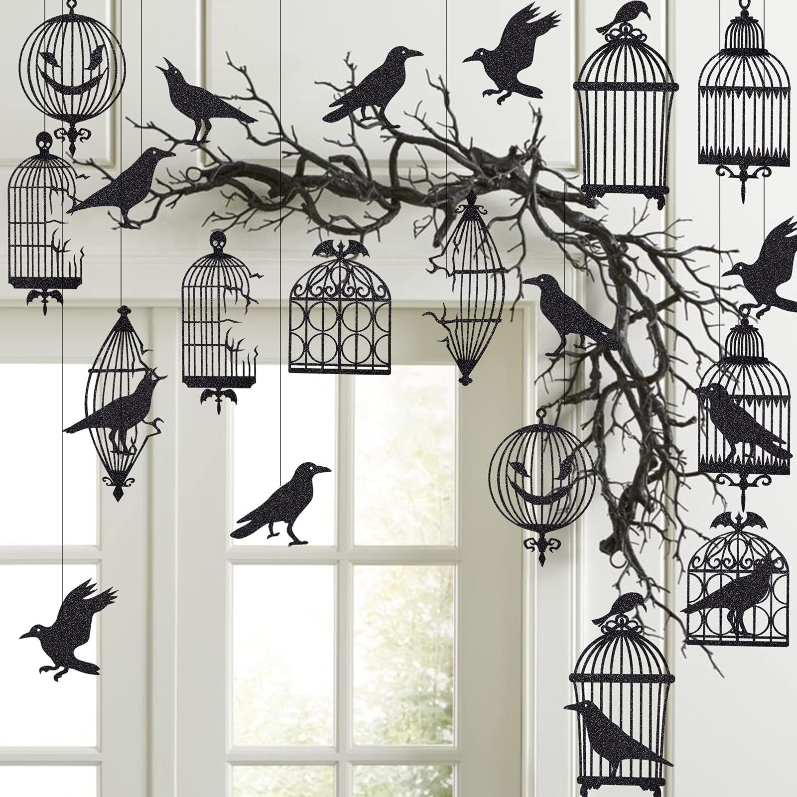 Cheerland Gothic Crow Decoration Black Cage Garland for Black Crow Decoration Gothic Christmas Birthday Party Hanging Indoor Raven Glitter Haunted