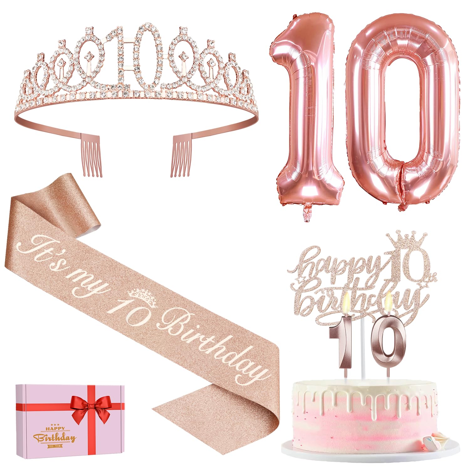 10. Geburtstag Mädchen Deko, 10. Geburtstag Krone und Schärpe, Happy Birthday Tortendeko Kerzen, Luftballons Rosegold, Geschenke für Mädchen 10 Jahre