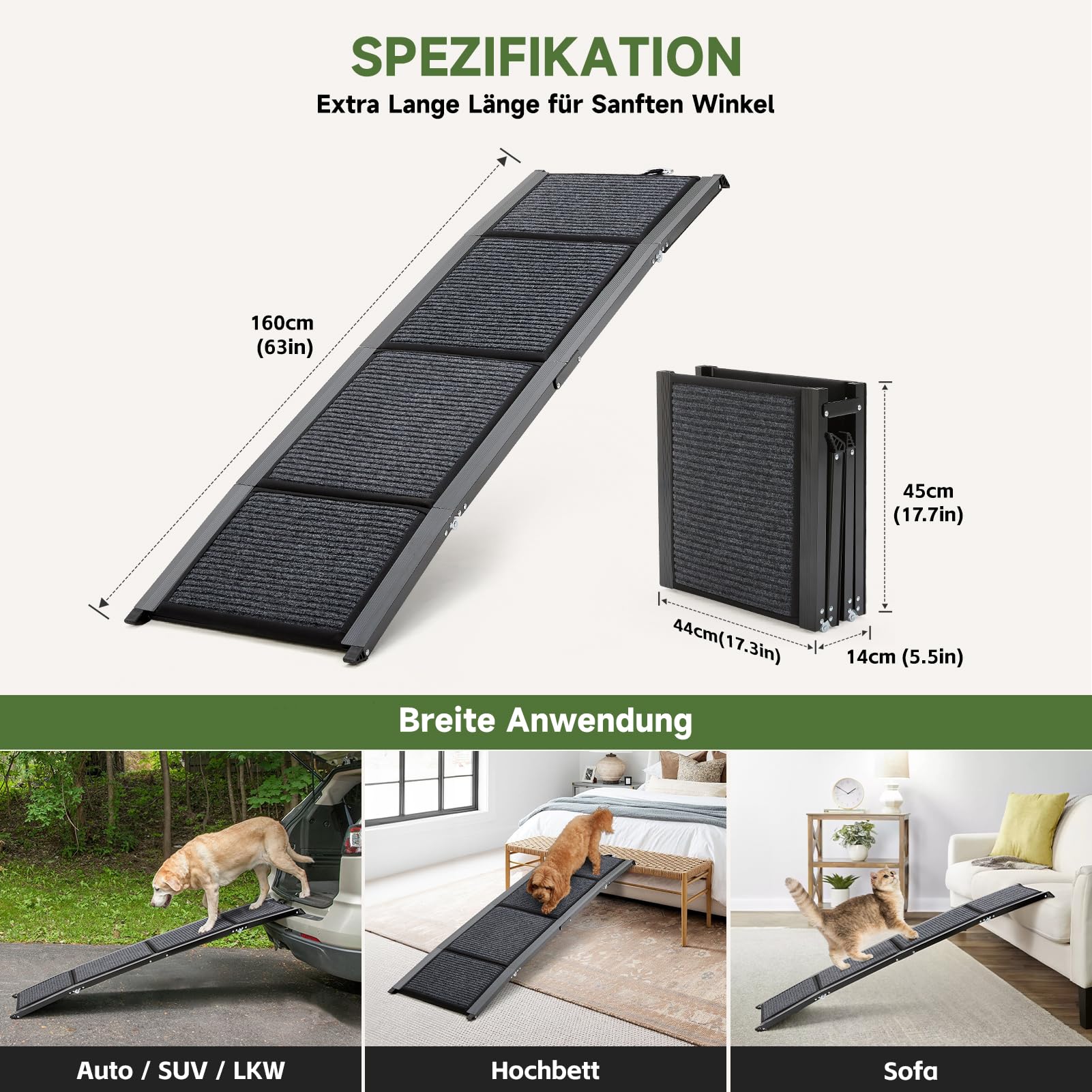 The Fellie Große Hunderampe Auto Klappbar 160CM, Hundetreppe Mit Rutschfester Teppichoberfläche Für Große, Mittlere Und Kleine Hunde, Tragbare Hunderampe Für SUV & LKW, Hundetreppe Bis Zu 100KG