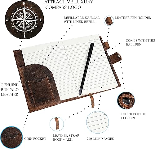 Miniatura 4 de Diario de cuero para hombres y mujeres  Cuaderno de cuero de brújula forrado recargable de alta calidad con bolígrafo, ranura para monedas y