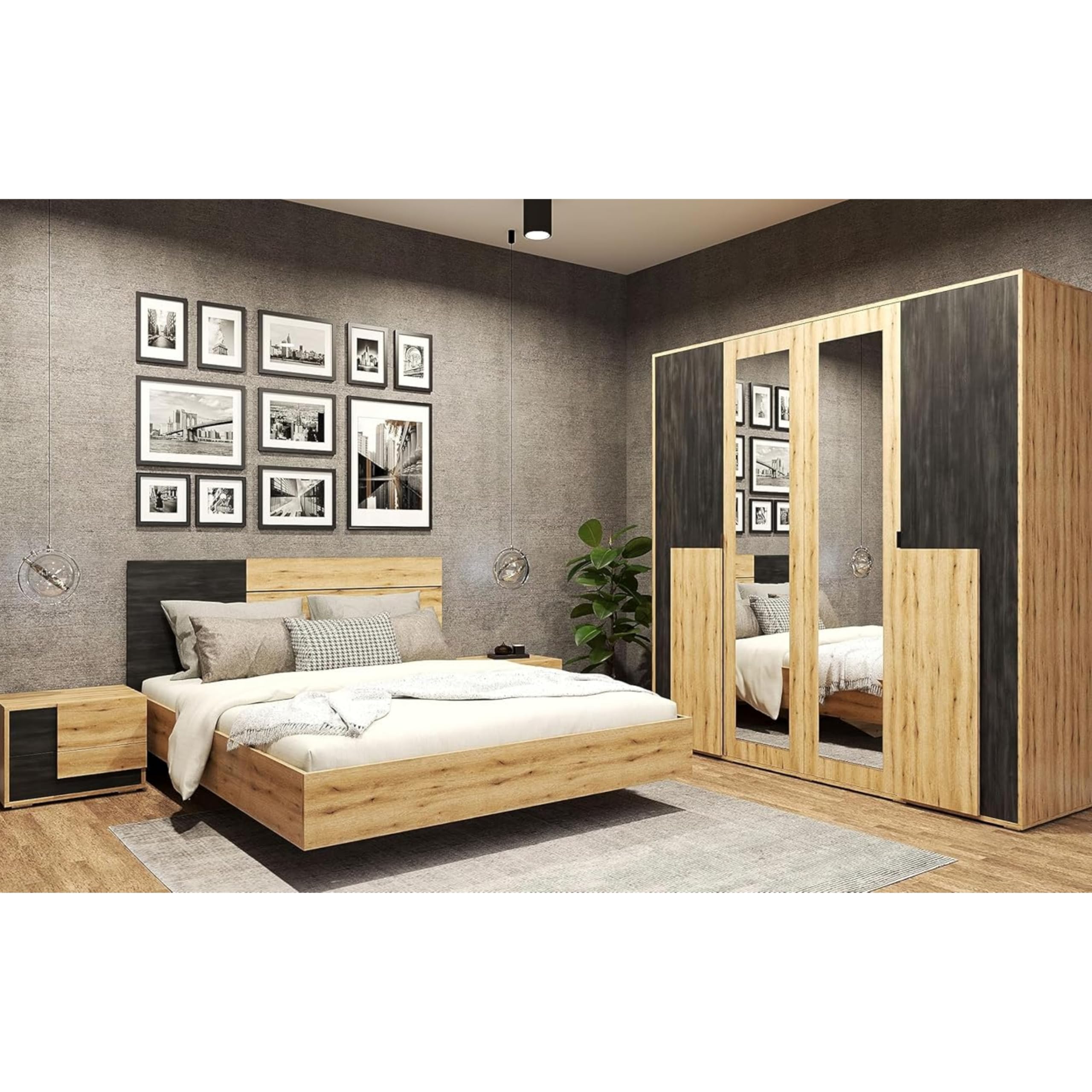 Bafra - Chambre à Coucher Adulte Complète Avec Lit 160x200 Sans Matelas, 2 Tables De Chevet, Commode, Armoire Avec Portes Coulissantes L:200 x H:208 x P:65 cm, Artisan Chêne Kiefer