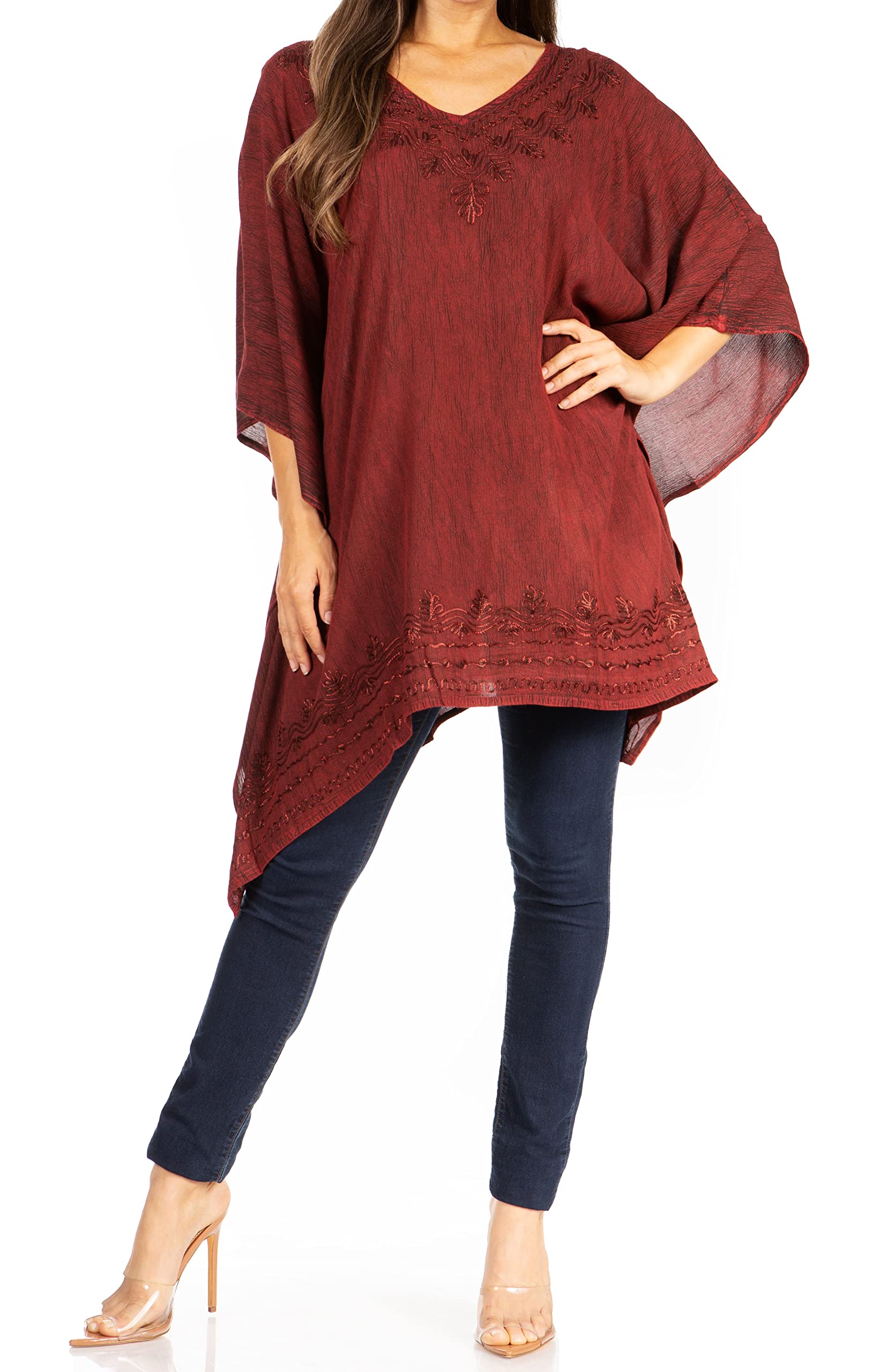 Sakkas Women's A-Burgandy K2022s - Wren Lightweight Circle Poncho Top Blouse With Detailed Embroidery - Os