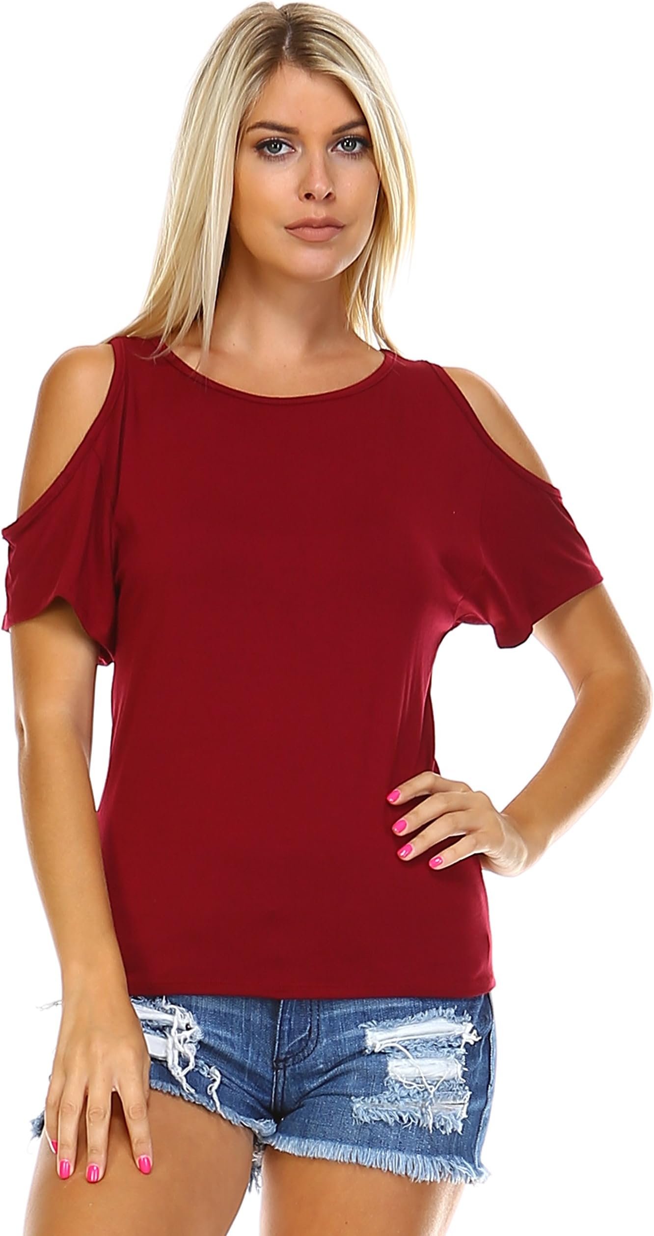 Isaac Liev Women's Cutout Top - Casual Stylish Open Cold Shoulder Short Sleeve Summer Tunic Tee T Shirt Made in USA Burgundy L