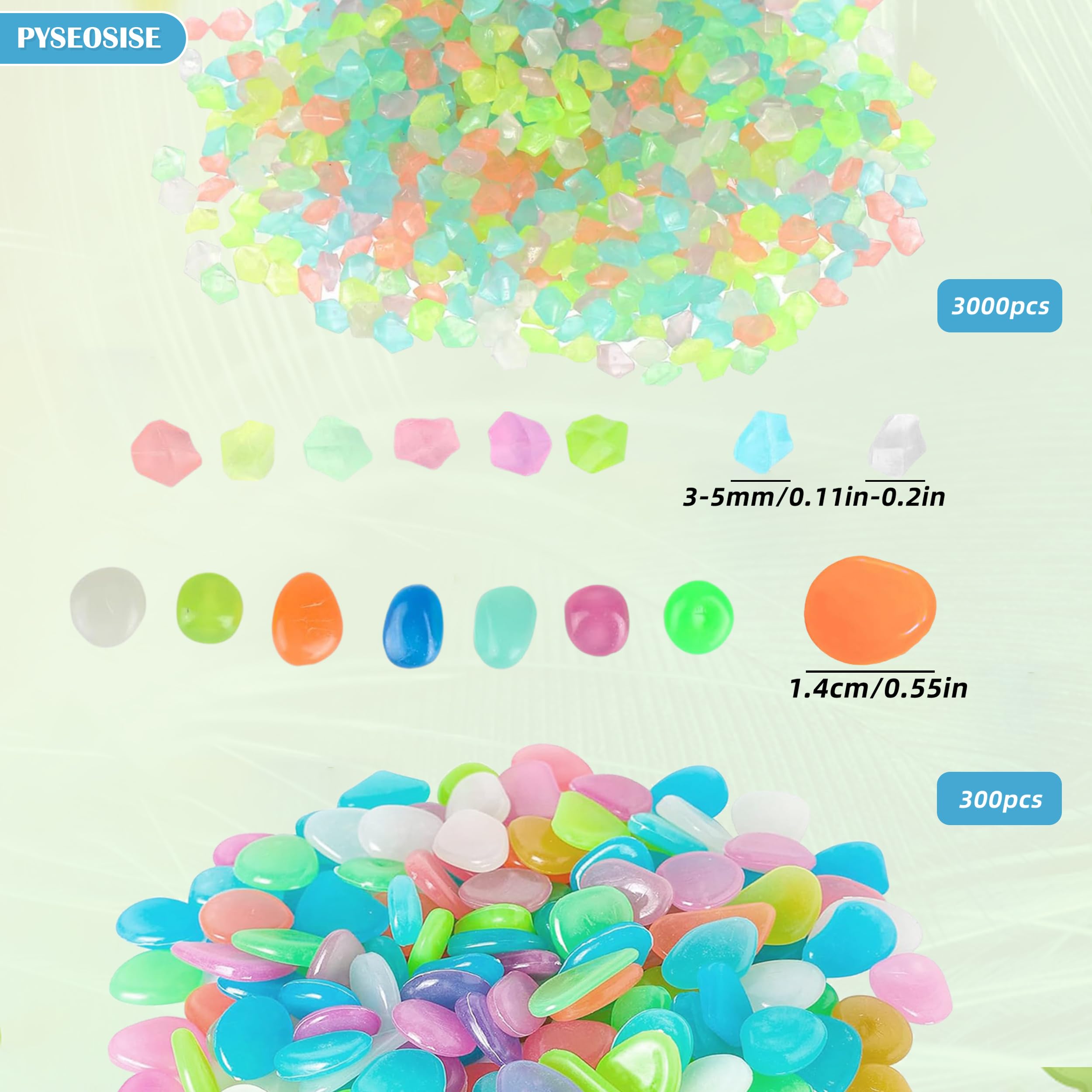 Pietre Luminose, 300 Pezzi Ciottoli Luminosi e 3000 Pezzi Sabbia Luminosa, Pietre Fluorescenti per Giardino Acquario Riempimento Vasi Decorazione
