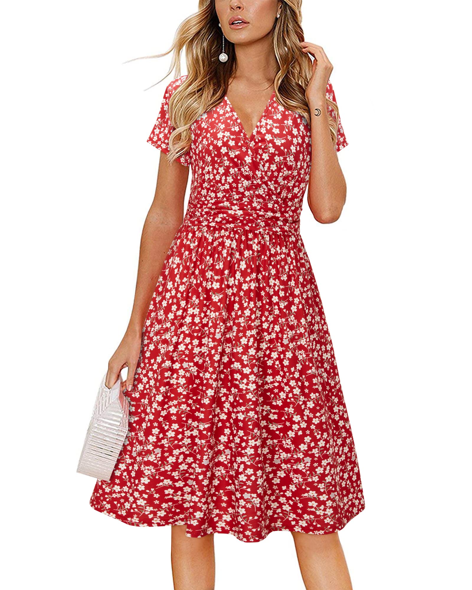 Newshows Women's Pockets Wrap V Neck Floral Summer Vacation Casual Sundress | Wrinkle Free, Stretchy, Summer Beach Floral Sundress 2026, Casual Dress for Vacation, Guaduation, Side Pockets, A-line