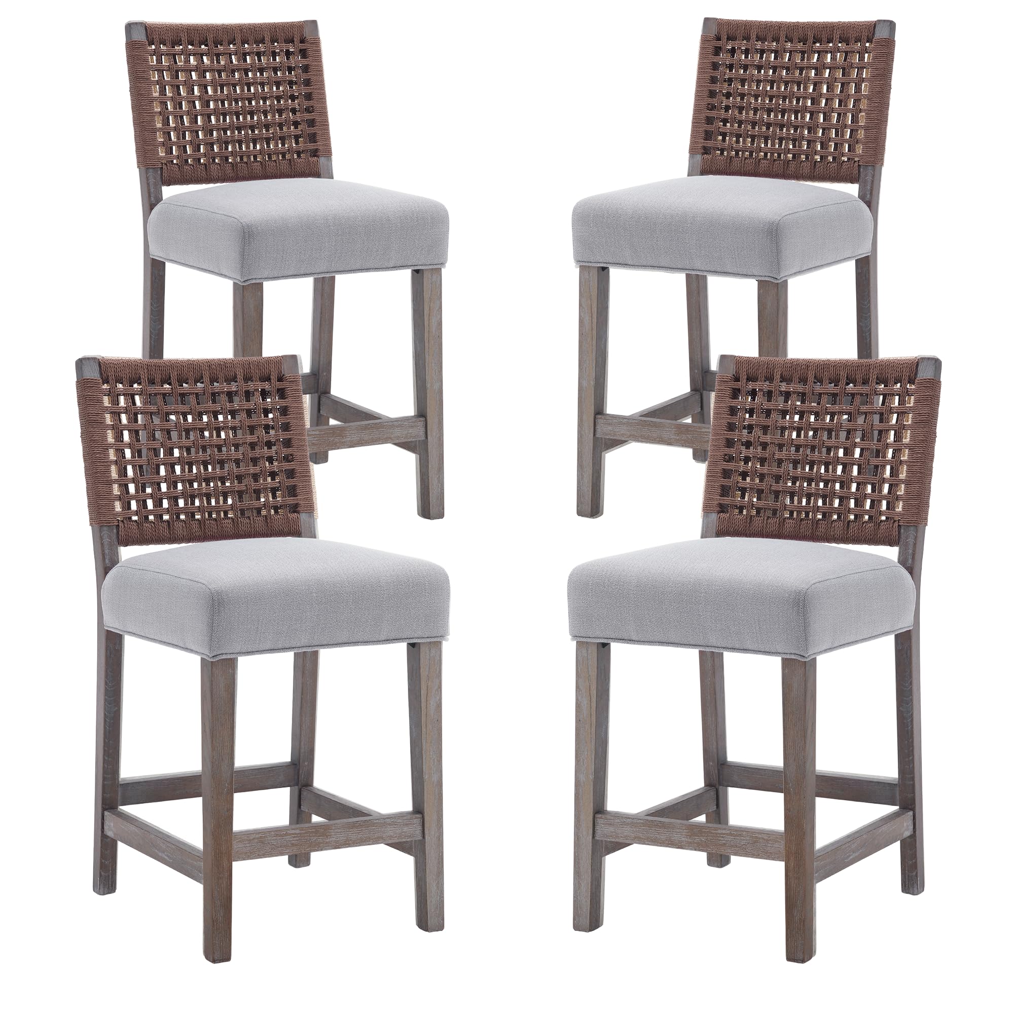 LZAREAL Woven Rope Back Bar Stools Set of 4 Armless Counter Height Stools Wooden Farmhouse Barstools for Kitchen Island Dining Room Bar Pubs Clubs