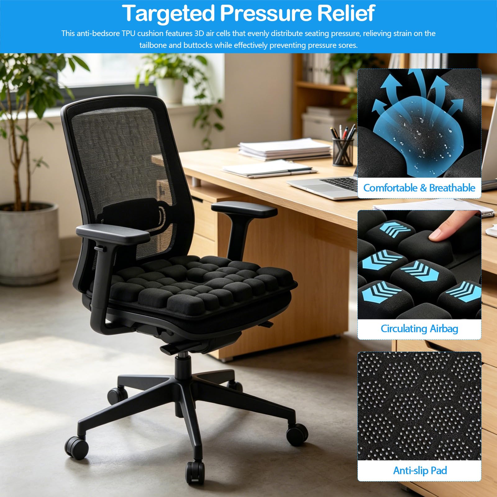 Coussin de Siège Gonflable, Coussin de Siège d'avion Portable, Soulagement des Hémorroïdes et des Douleurs au Coccyx, Coussin Gonflable Assise Anti-escarres pour Chaises de Bureau Fauteuils Roulants