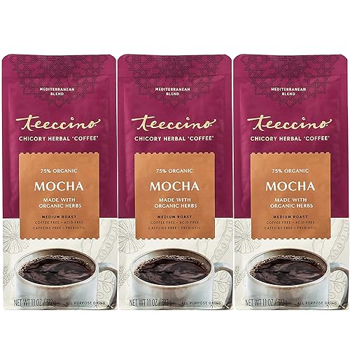 Teeccino Achicoria Café Alternativo Mocha Café de hierbas molido prebiótico sin cafeína y sin ácido tostado medio 11 onzas paquete de 3