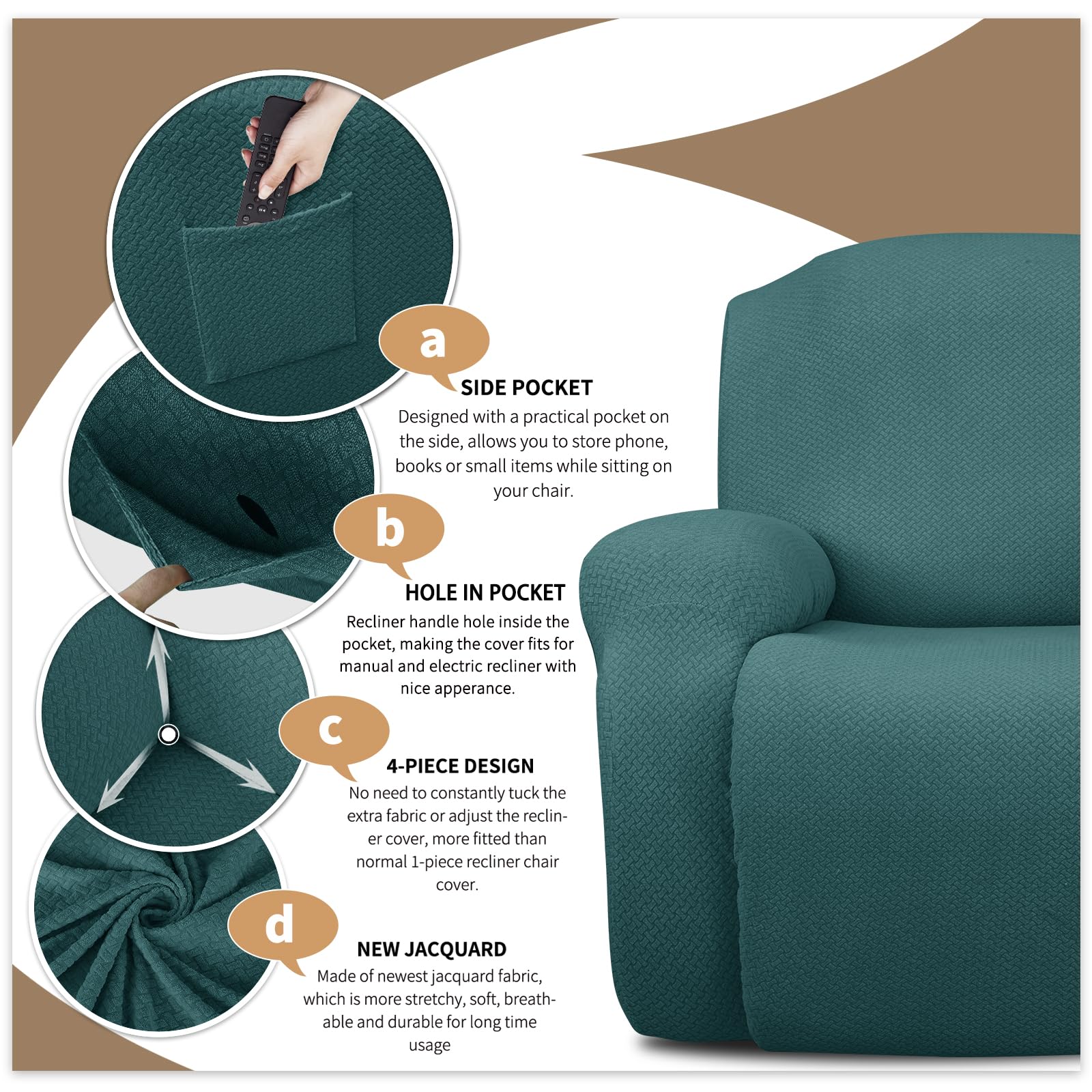 JIVINER Funda de sillón reclinable de 6 Piezas, para sillón reclinable, elástica, 2 plazas, Funda de sofá reclinable Lavable, Protector de Muebles (sillón Lounge loveseat, Azul Pavo Real)