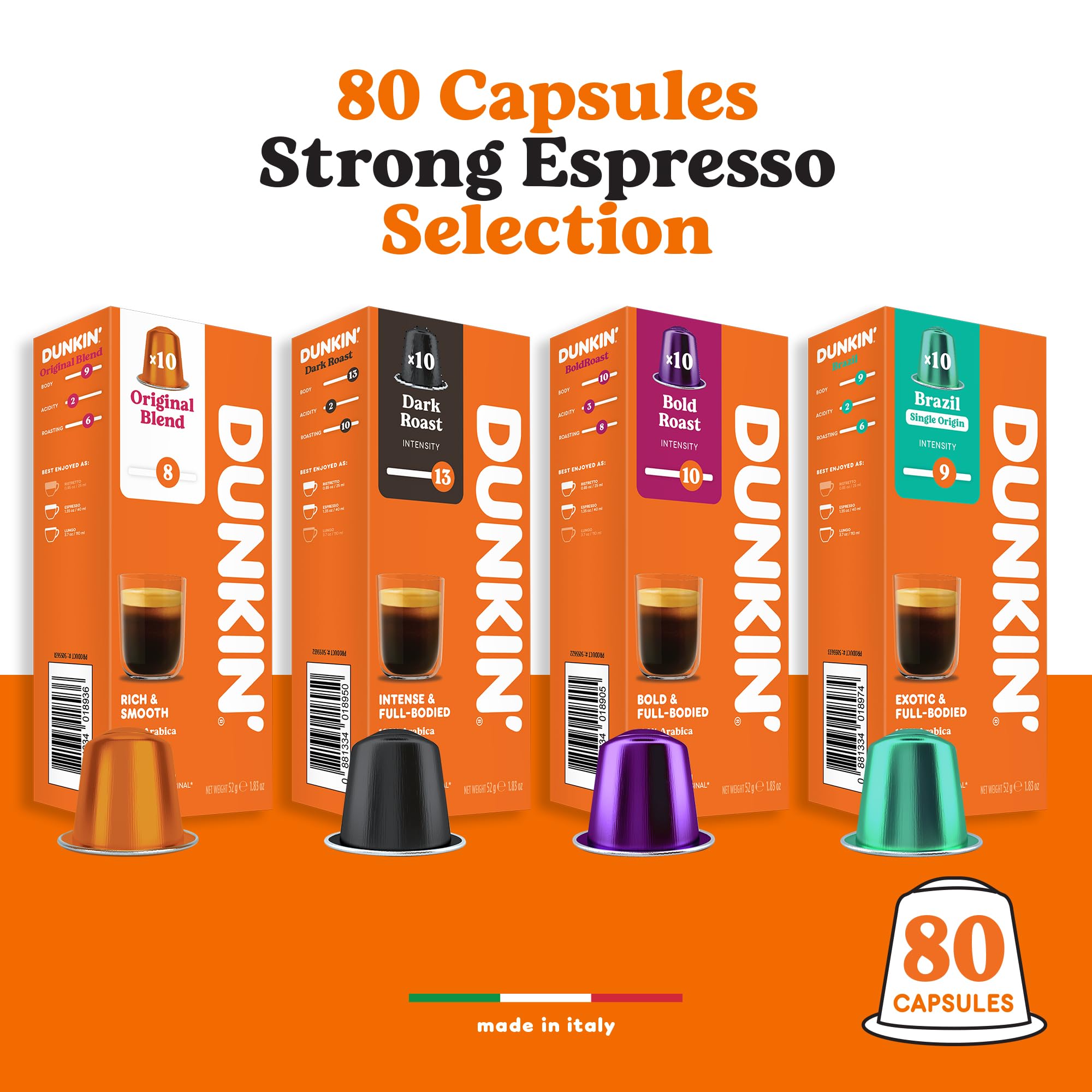 Zestaw Espresso Dunkin’ Donuts – 80 Kapsułek Kawy, 4 Smaki: Brazil, Original Blend, Dark Roast, Bold Roast, Kompatybilne z Ekspresami Nespresso, Intensywne & Aromatyczne, Idealny na Prezent