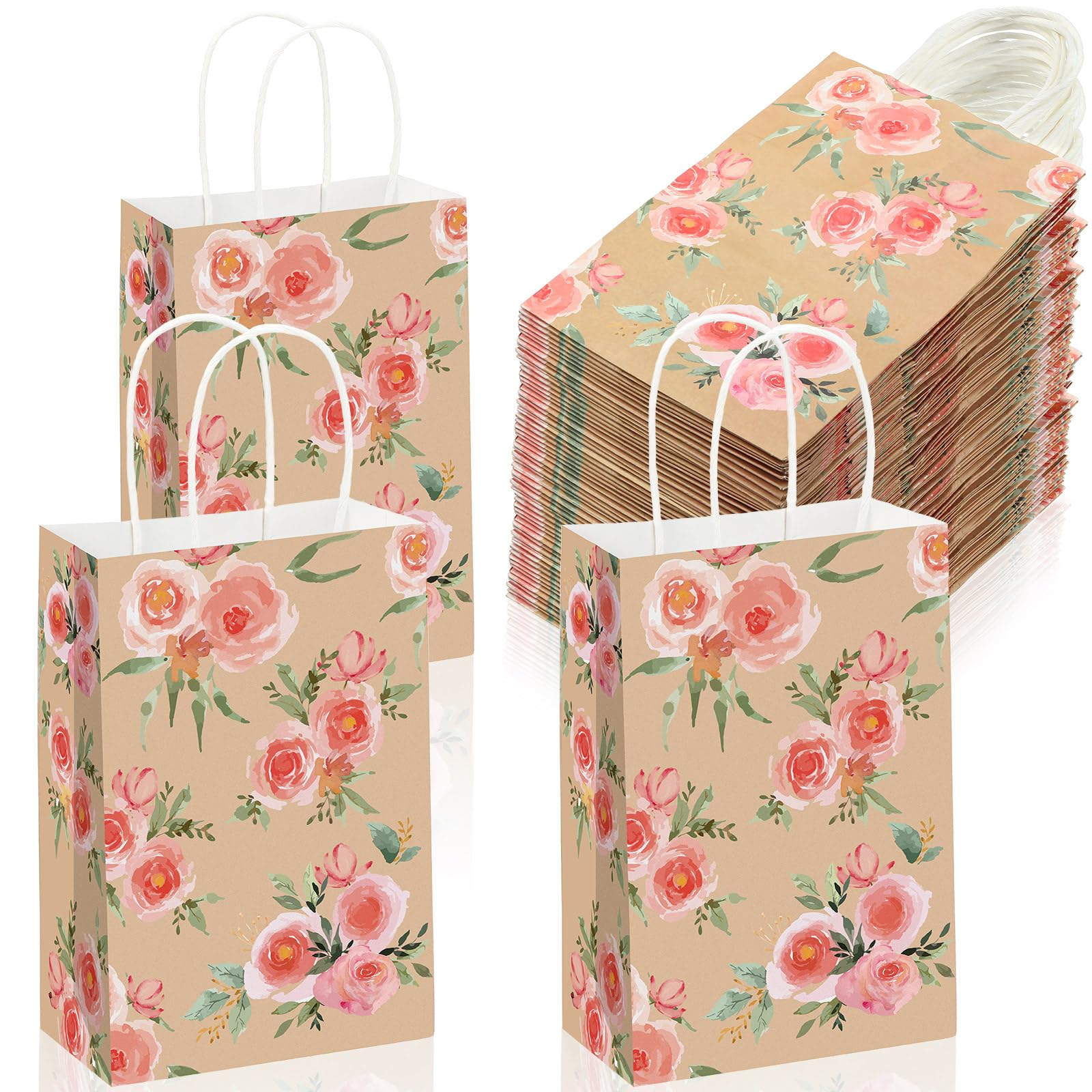 Karenhi 16 Pcs Small Floral Gift Bags with Handles Vintage Floral Paper Treat Bags Reusable Kraft Paper Tea Party Gift for Mothers Day Party Favors