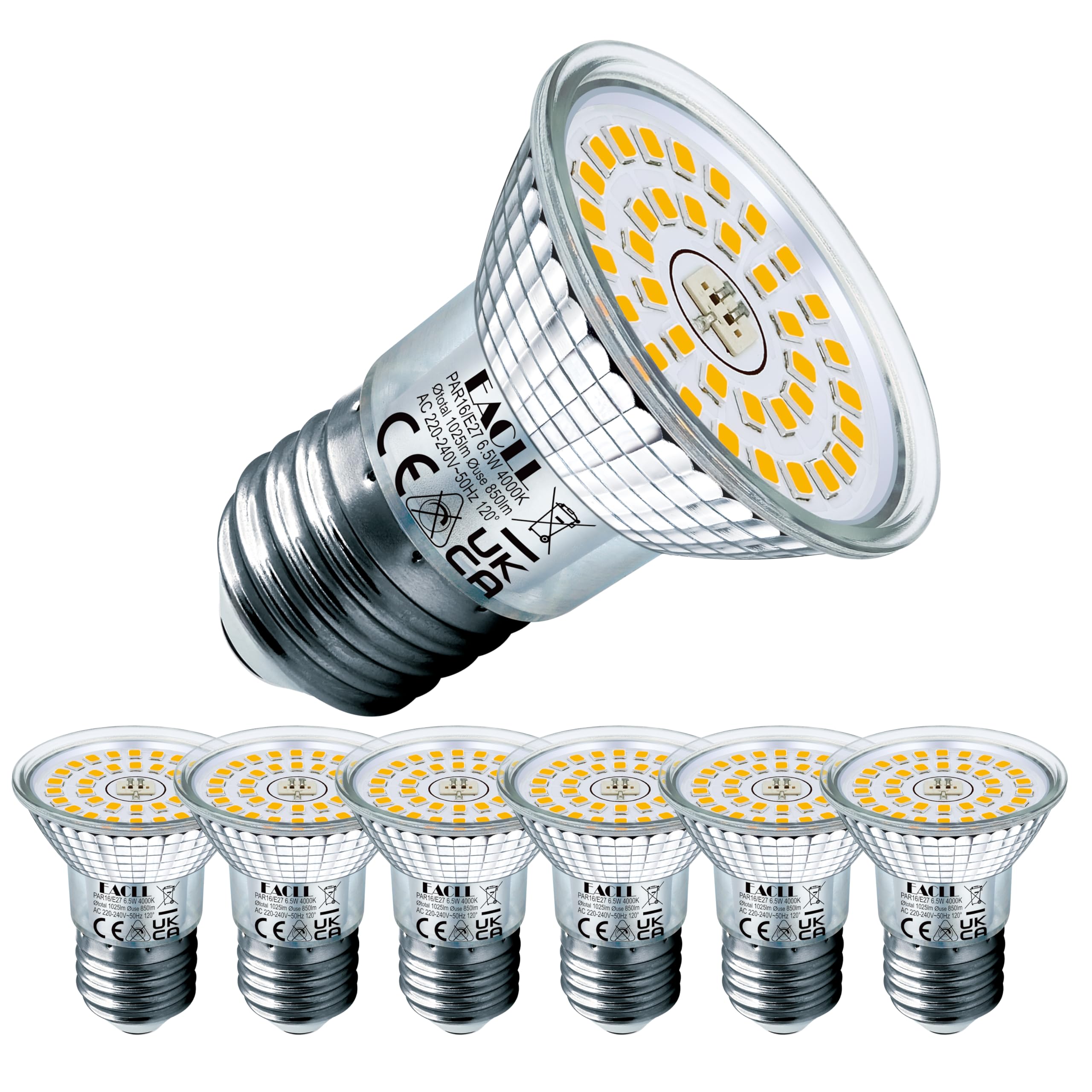 EACLL E27 LED 4000K Neutralweiß 6.5W Ersetzt 120W Halogen Glühlampe, 6er-Pack. 850 Lumen Leuchtmittel, Lichtwinkel 120° Strahler, Nicht Dimmbar Reflektorlampe, AC 230V Flimmerfrei Energiesparlampen