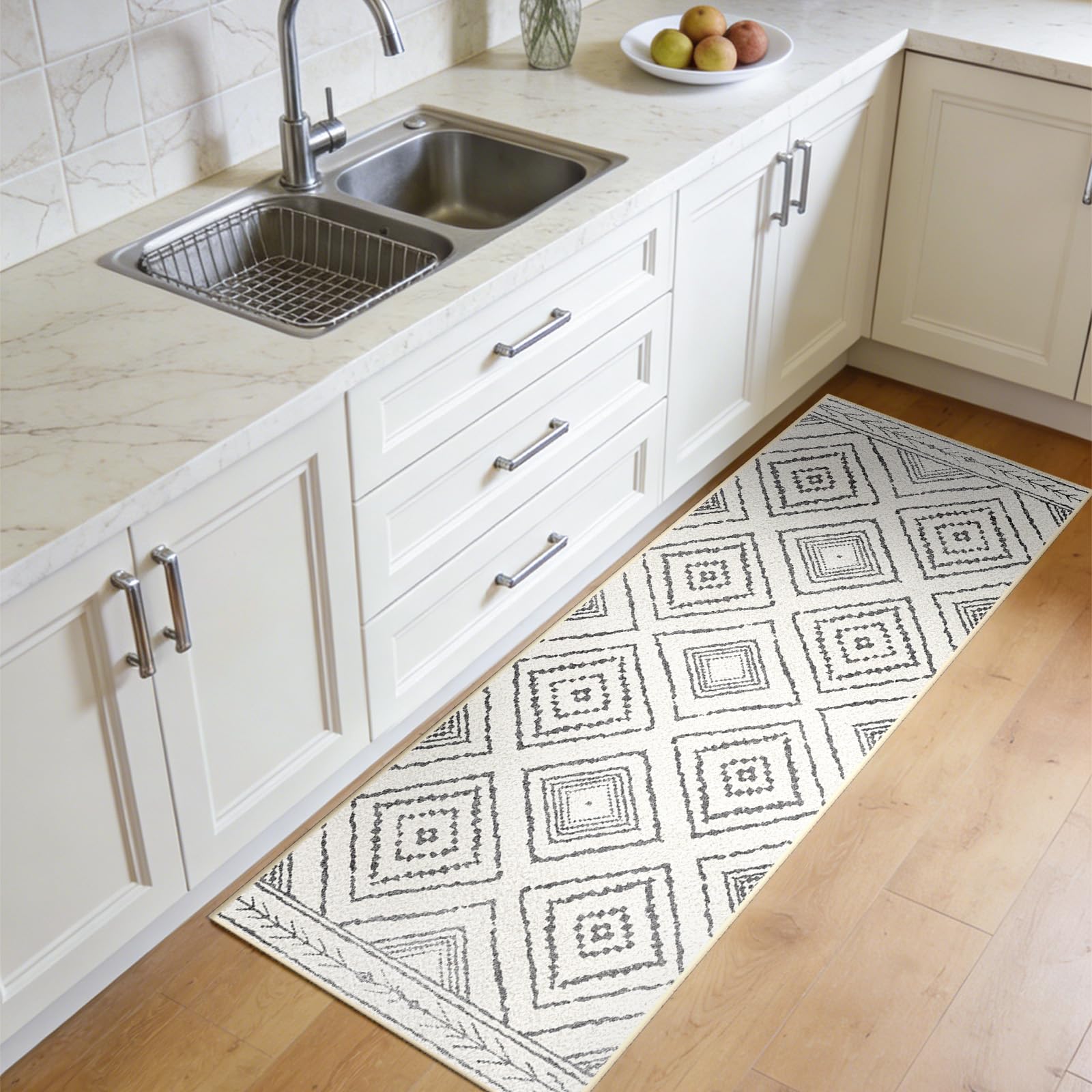 Teppich Läufer Flur 60 x 300 cm, rutschfest Küchenläufer, Kurzflor Teppichläufer, Waschbar, Faltbar, Boho Design – für Flur, Küche, Wohnzimmer & Büro, Schwarz-Weiß
