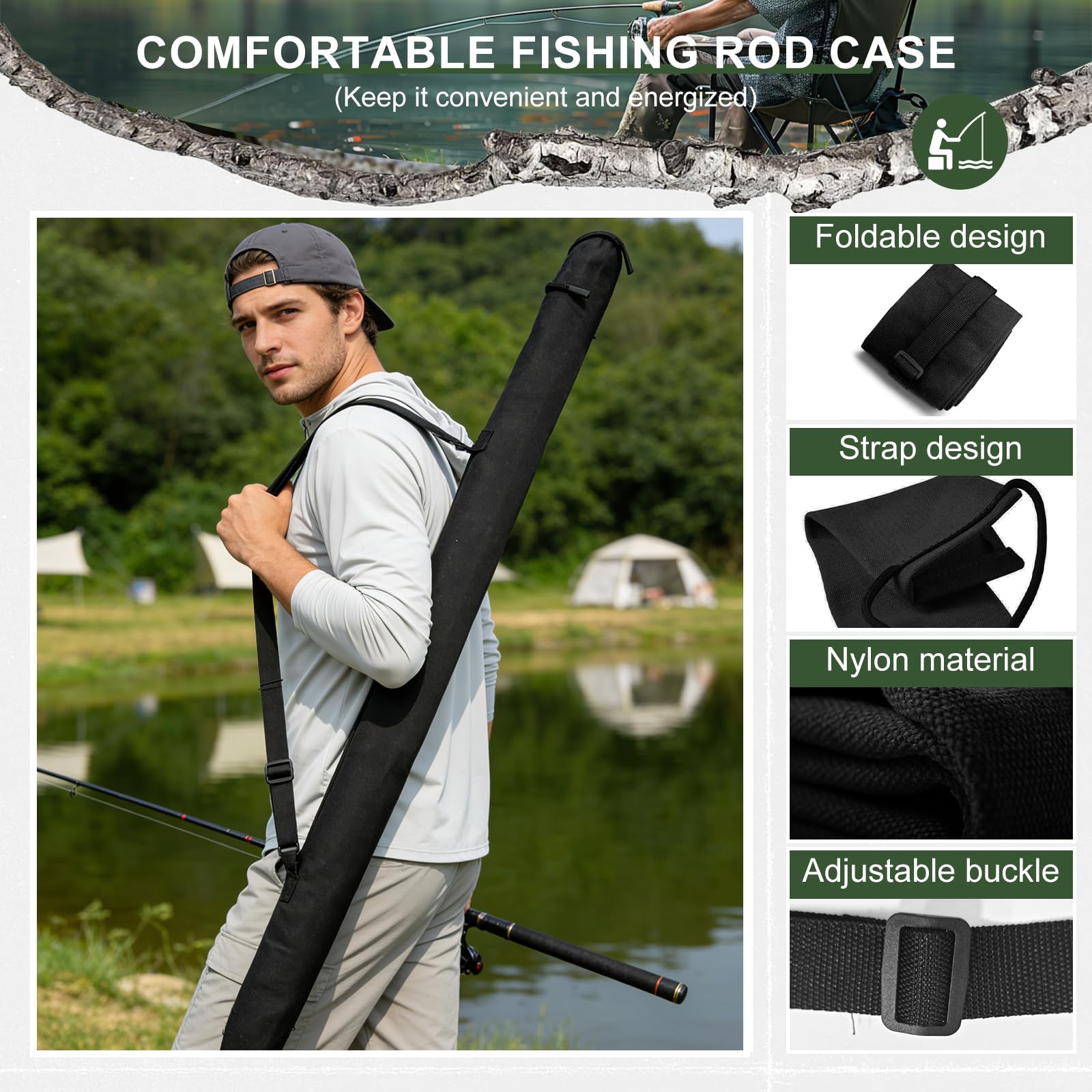 Soporte Cañas de Pescar, Mochila Pesca de Tela 130x13cm, Carretes de Pesca Porta Cañas para 2-3 Cañas, Pesca Accesorios con Correa Ajustable, Carpfishing Funda Transporte, Negro