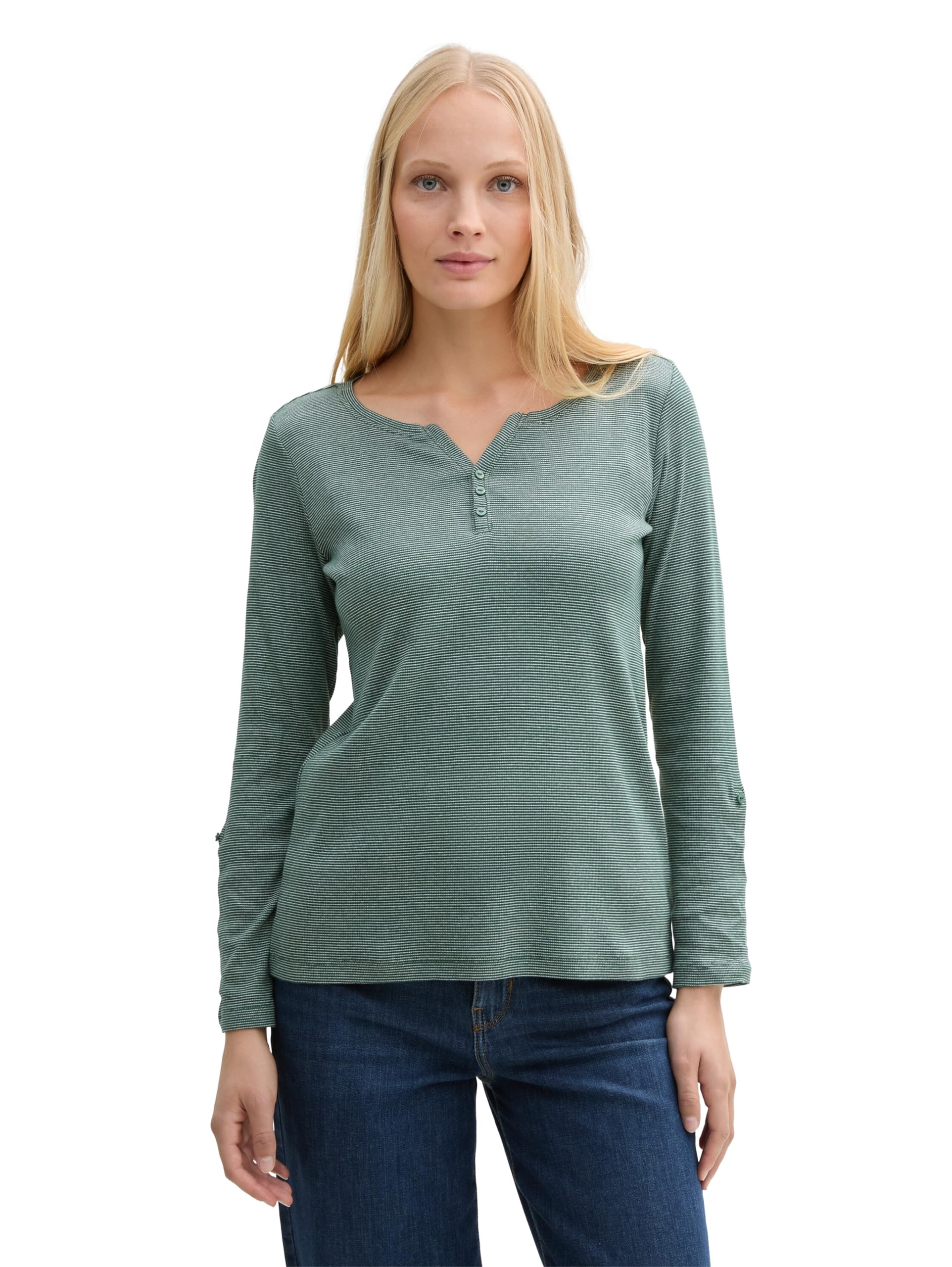 TOM TAILOR Damen Henley Longsleeve mit Streifenmuster